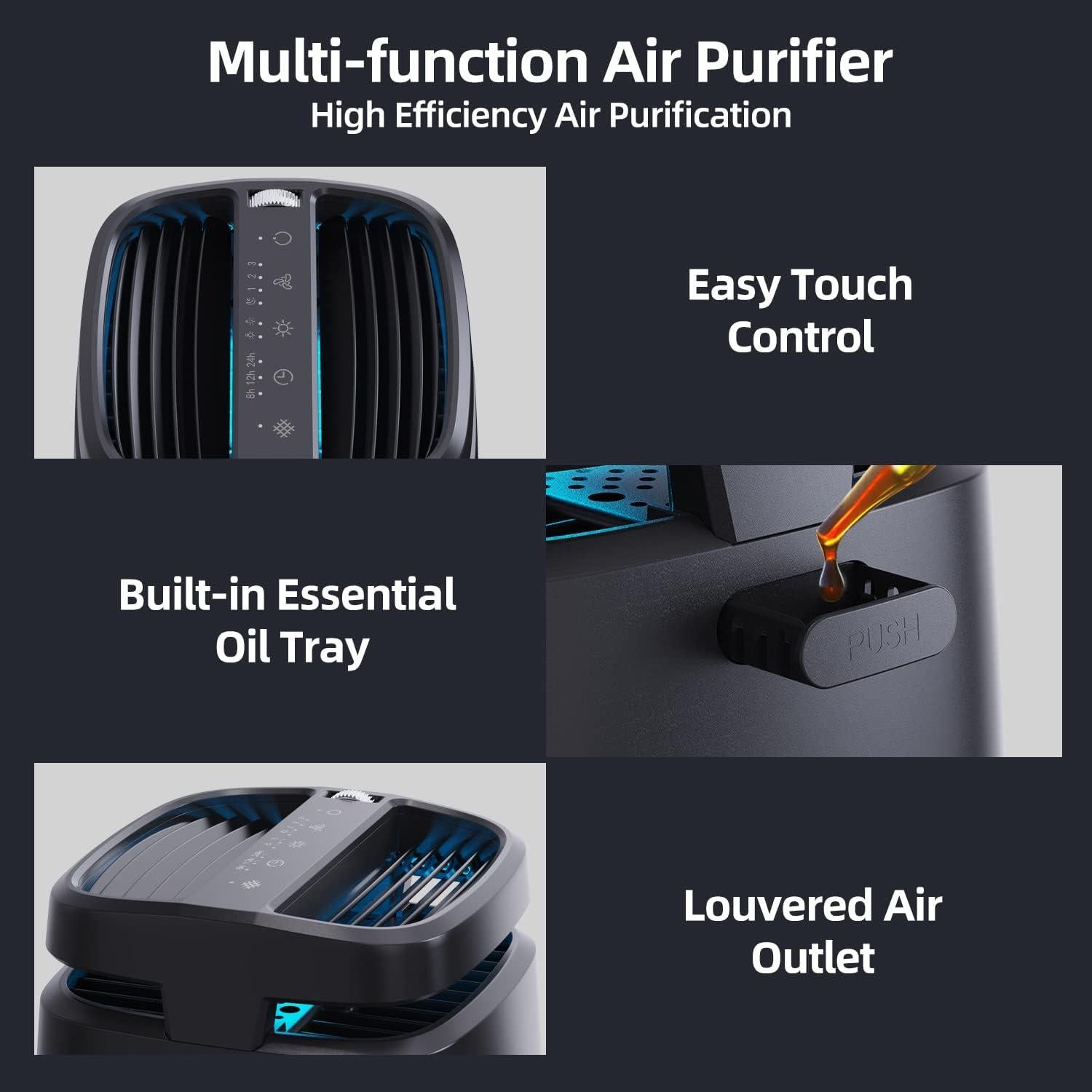POMORON 4-in-1 Air Purifiers for Home, Air Ionizer Negative Ion Generator, H13 HEPA Filter, UV, Covers 1250 Ft² 99.97% Removal Rate for Pollen Smoke Pet Dander Air Cleaner for Bedroom, MJ002H, Black
