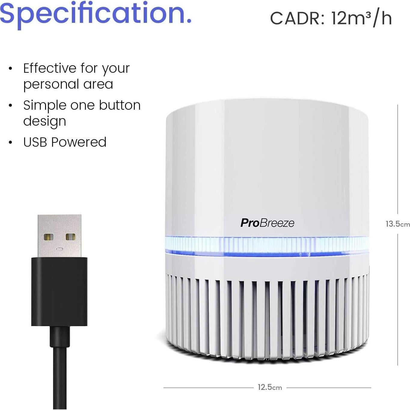 Purificador de Aire Pro Breeze Mini HEPA 99.7% USB Portátil