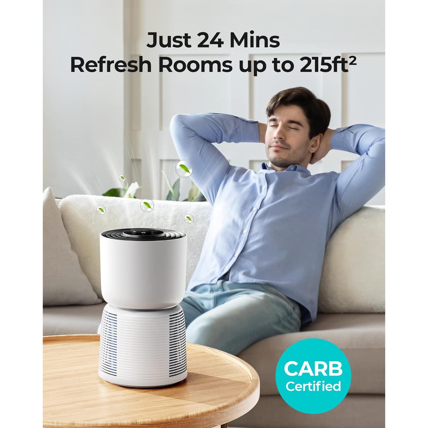 Homvana Air Purifier for Bedroom Home office, H13 True HEPA 6-Stage Filtration Air Cleaner, with Light Adaptive Auto Mode, 22dB Sleep Mode, Washable Filter, Ozone Free, for Pet Allergies Smoke Dust et