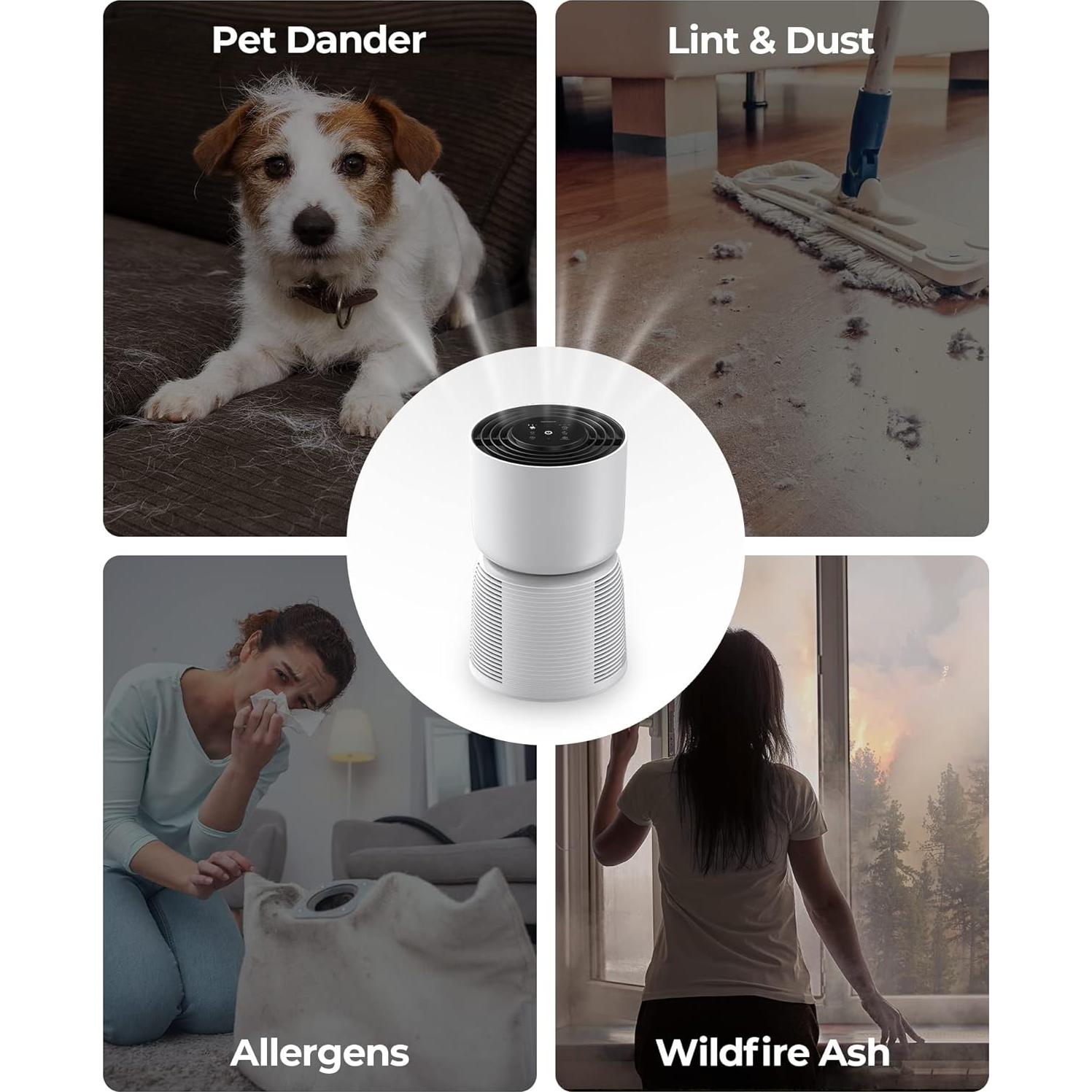 Homvana Air Purifier for Bedroom Home office, H13 True HEPA 6-Stage Filtration Air Cleaner, with Light Adaptive Auto Mode, 22dB Sleep Mode, Washable Filter, Ozone Free, for Pet Allergies Smoke Dust et