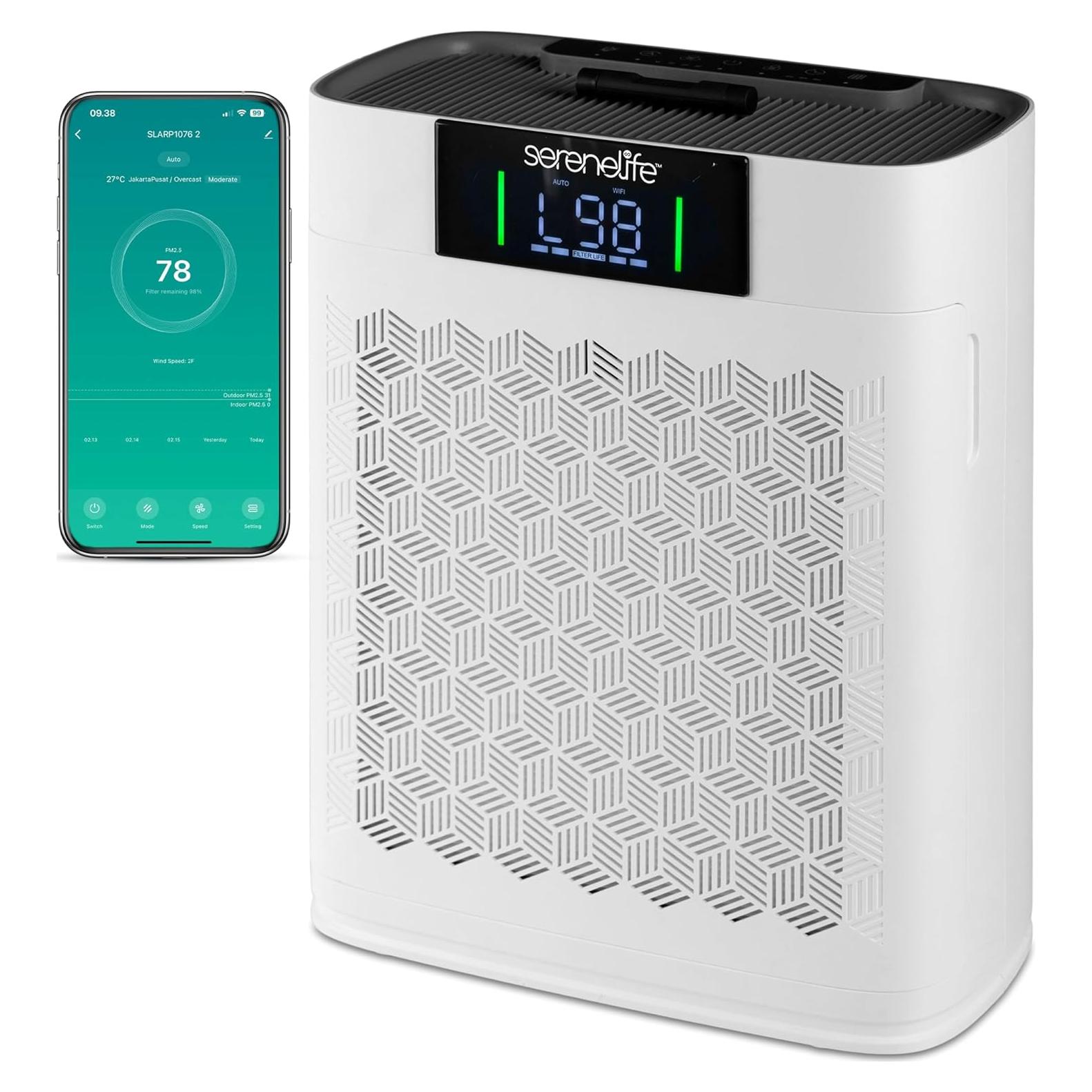 Purificador de Aire HEPA SereneLife Blanco - Control WiFi, 100 m²