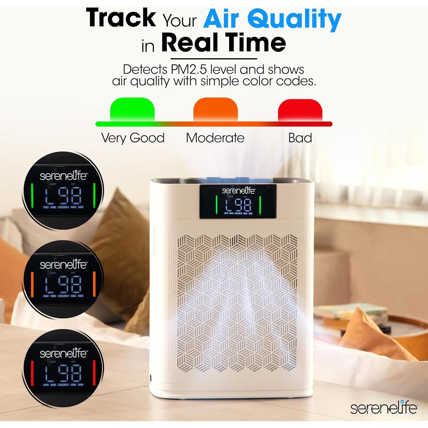 Purificador de Aire HEPA SereneLife Blanco - Control WiFi, 100 m²