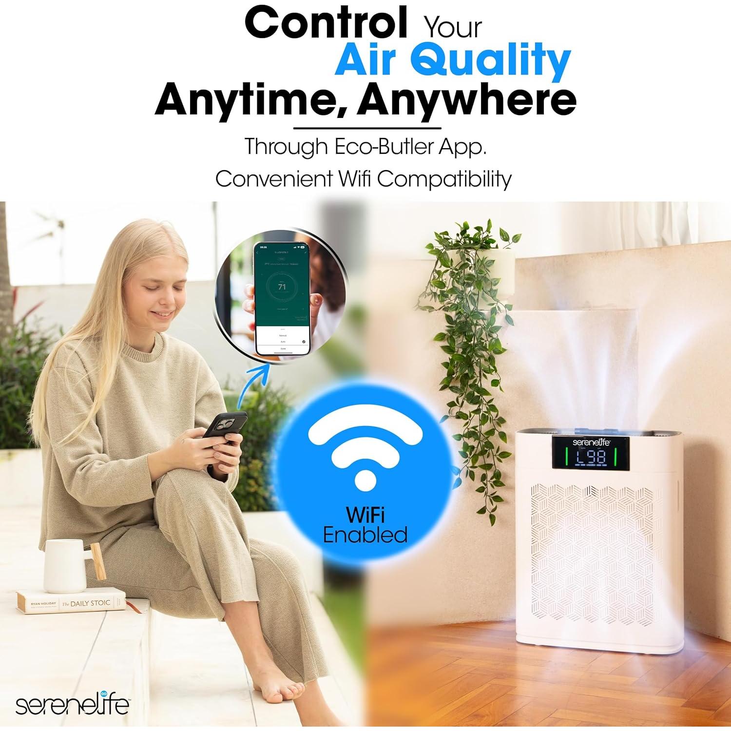 Purificador de Aire HEPA SereneLife Blanco - Control WiFi, 100 m²