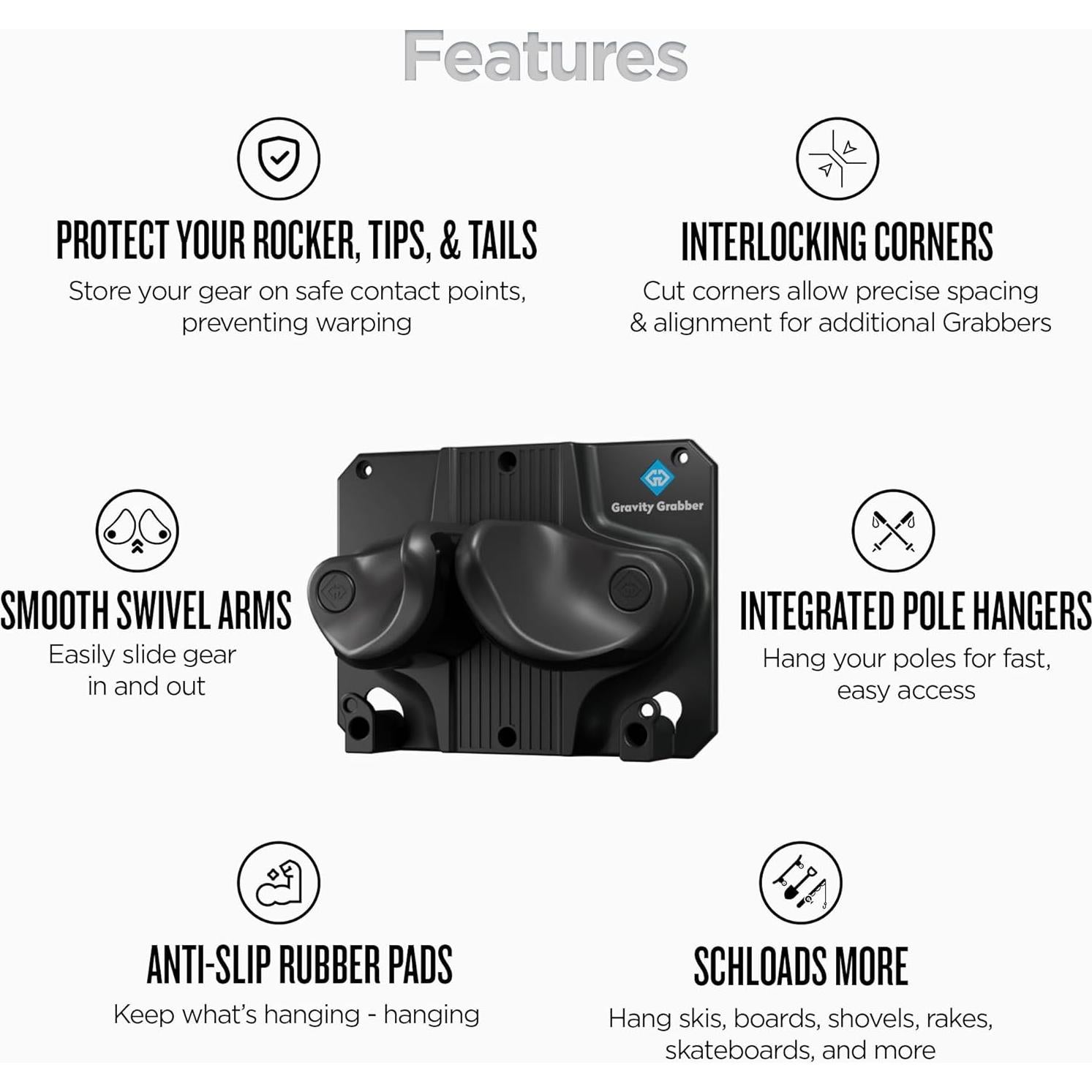 Soporte de Pared Gravity Grabber para Esquís y Snowboard - 2 Unidades - Negro