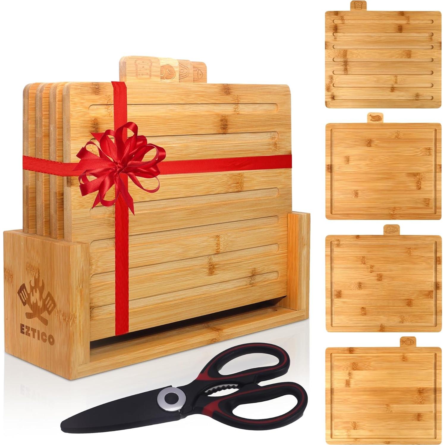 Juego de tablas de cortar de bambú EZTICO con tijeras y soporte