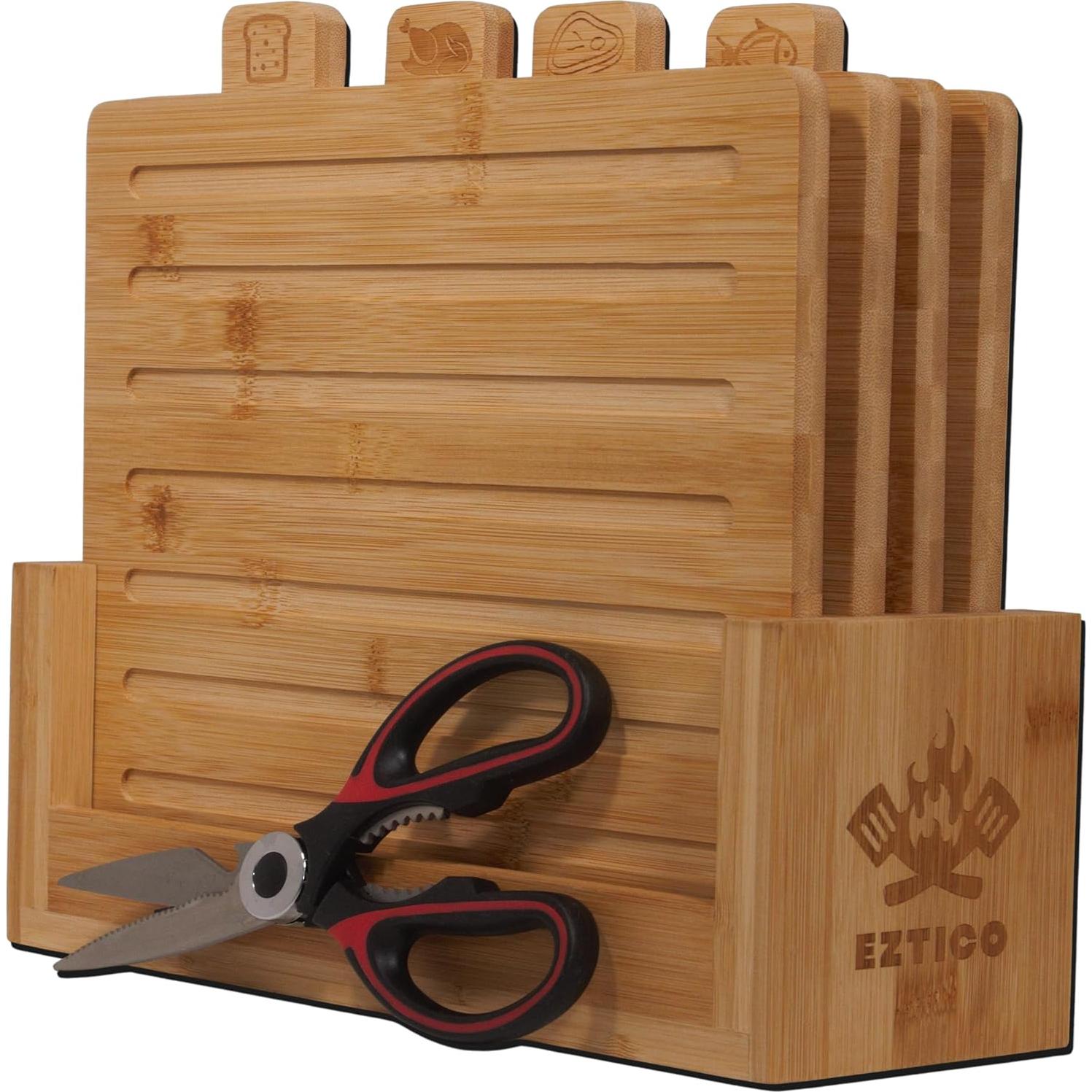 Juego de tablas de cortar de bambú EZTICO con tijeras y soporte