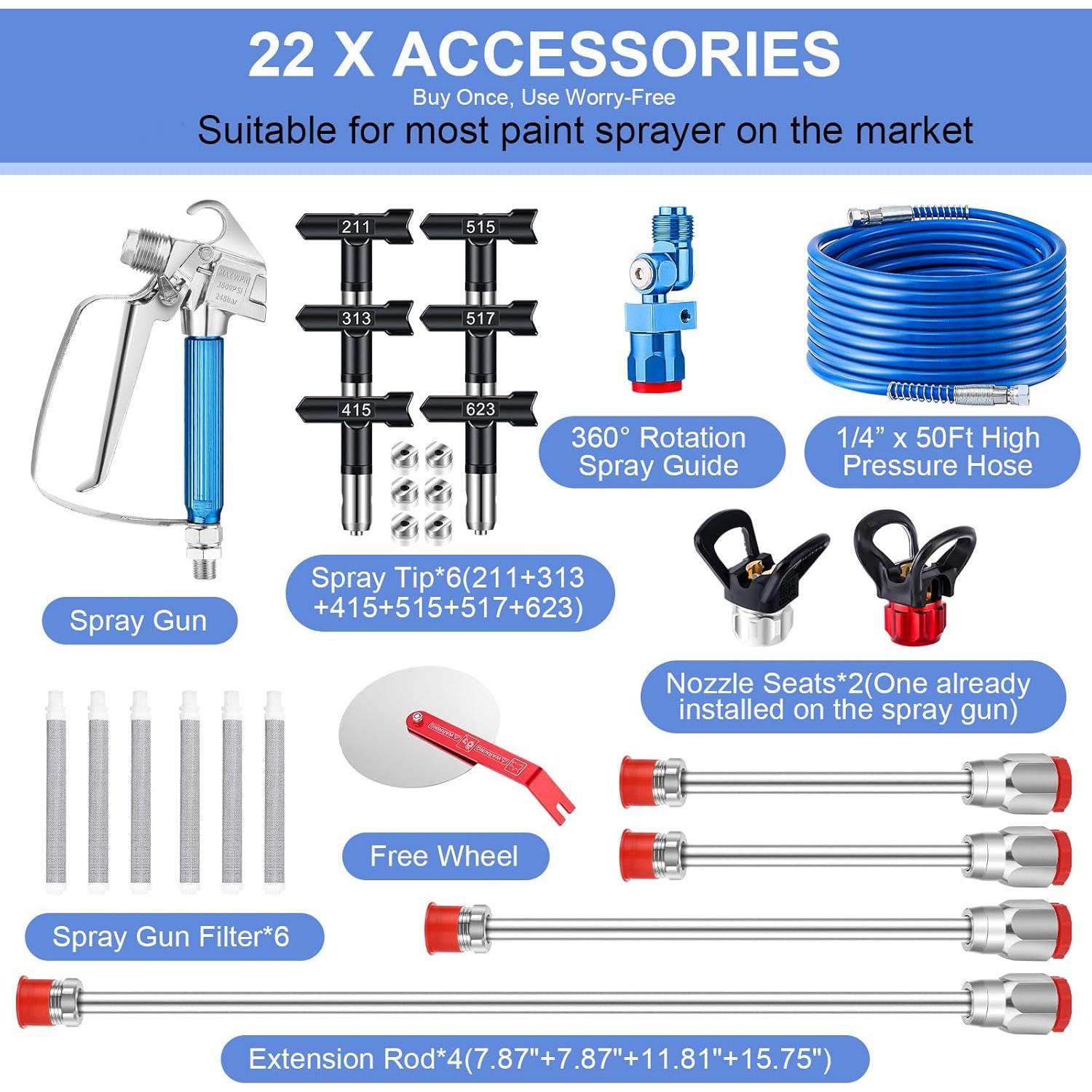 22Pcs Airless Paint Sprayer Gun Kit, 3600PSI Airless Spray Gun with 50Ft High Pressure Hose & 6Pcs Reversible Spray Tips & 4Pcs Extension Rod & 6Pcs Filters & Guide Tool & Nozzle Seat