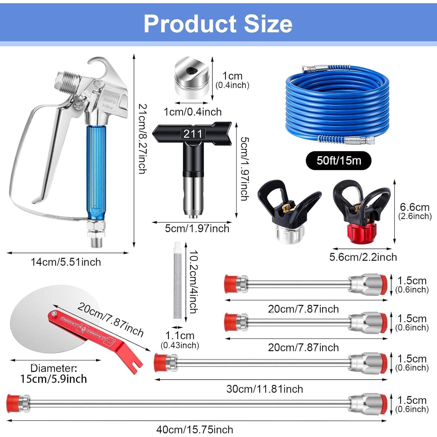 22Pcs Airless Paint Sprayer Gun Kit, 3600PSI Airless Spray Gun with 50Ft High Pressure Hose & 6Pcs Reversible Spray Tips & 4Pcs Extension Rod & 6Pcs Filters & Guide Tool & Nozzle Seat
