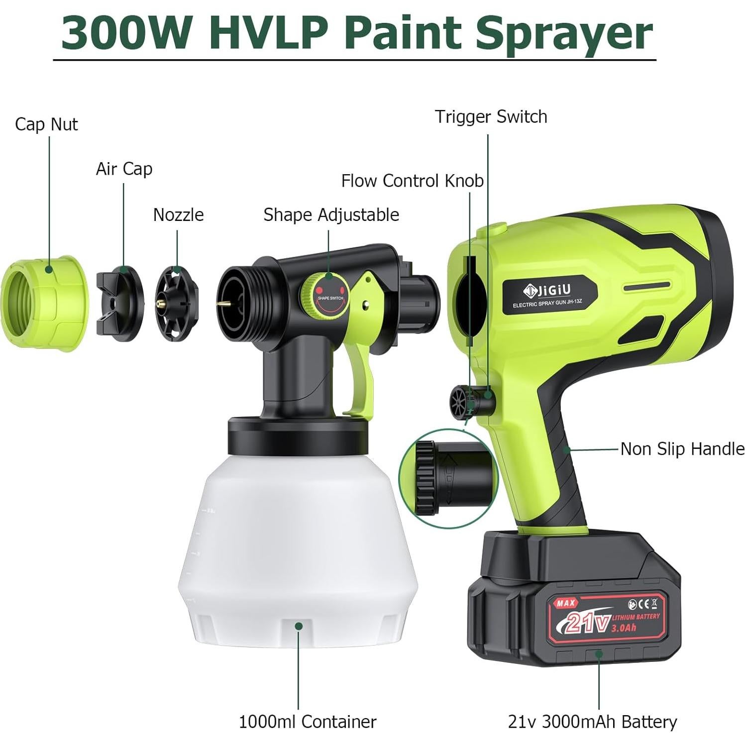 Pulverizador de Pintura Inalámbrico JiGiU 300W 1000ml 6 Boquillas