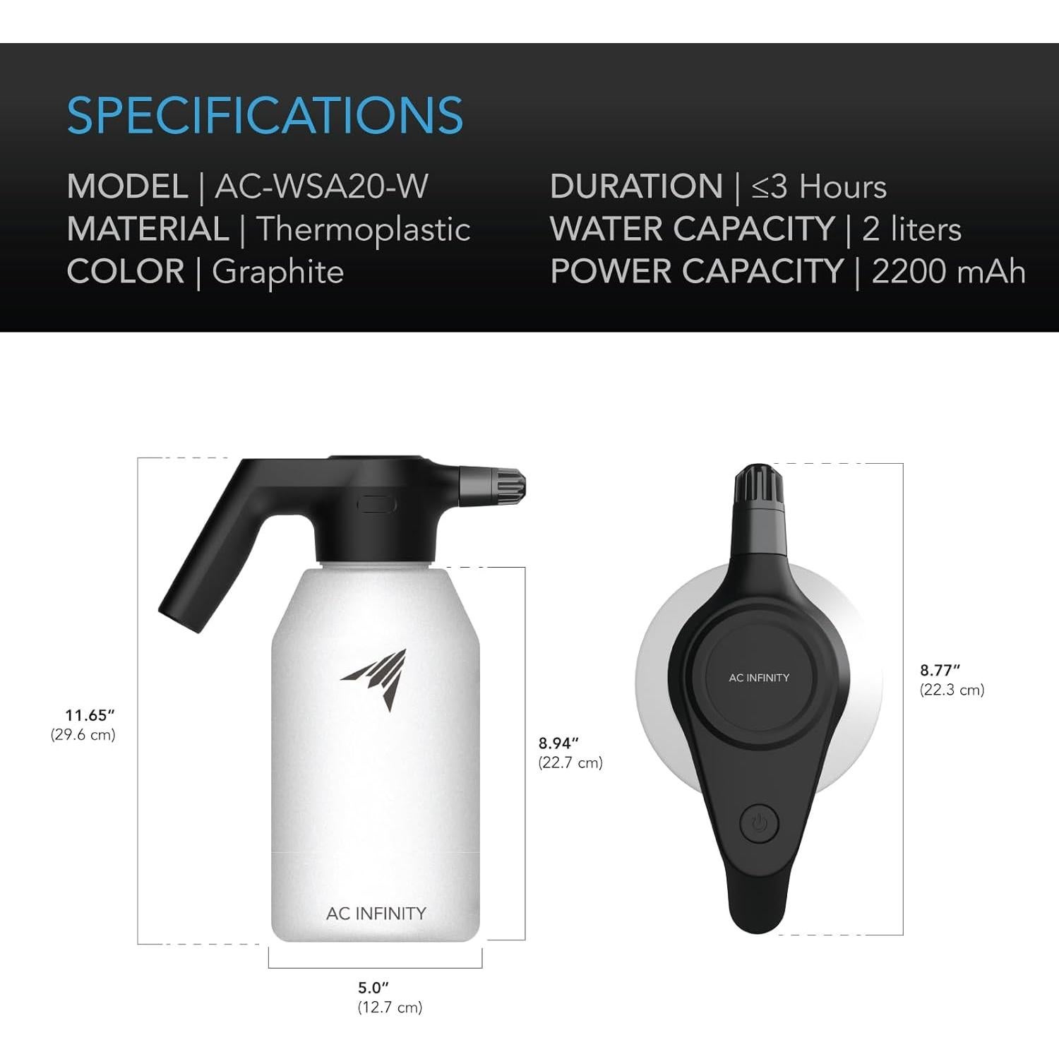 Pulverizador Eléctrico AC Infinity 2L Recargable USB Boquilla Ajustable