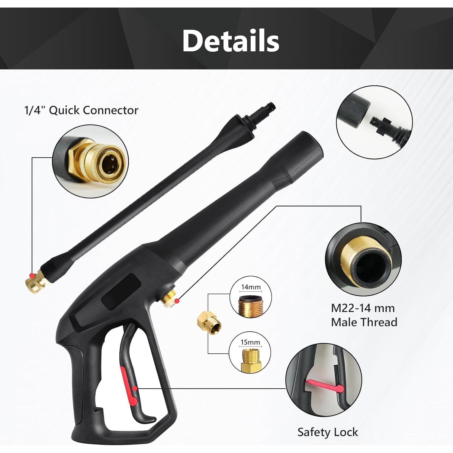 Pressure Washer Gun with 5 pcs Quick Connect Nozzles,Compatible with Karcher, Ryobi,Powerstroke,Greenworks, Husky, Raptor Blast,Electric Power Washer,with M22-14mm and M22-15mm Fitting Replacemen