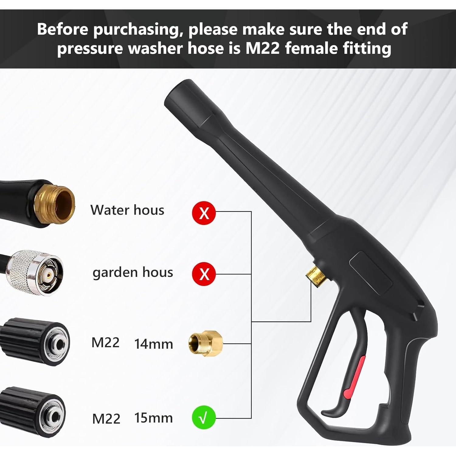 Pressure Washer Gun with 5 pcs Quick Connect Nozzles,Compatible with Karcher, Ryobi,Powerstroke,Greenworks, Husky, Raptor Blast,Electric Power Washer,with M22-14mm and M22-15mm Fitting Replacemen