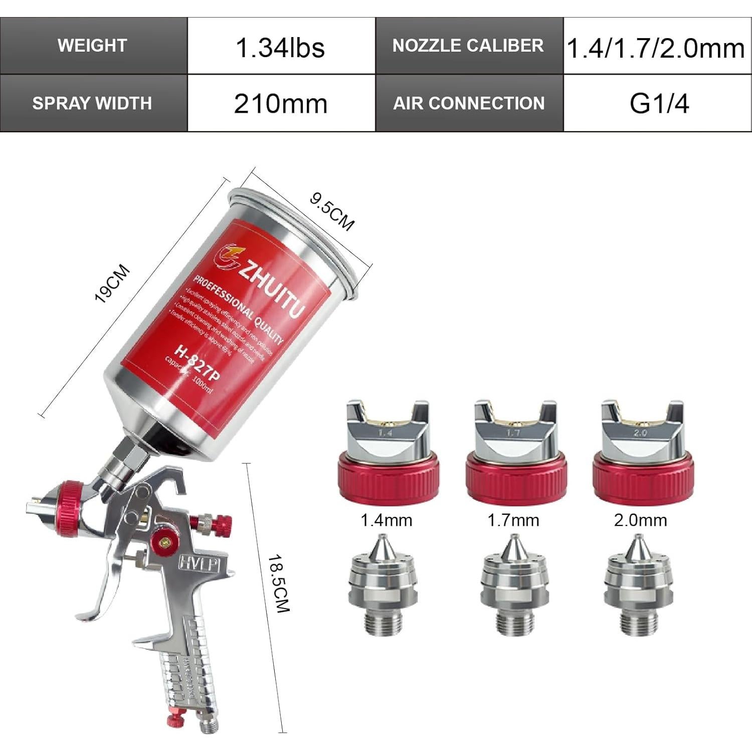 Pistola de Pulverización HVLP ZHUITU H-827P 1000cc 3 Boquillas