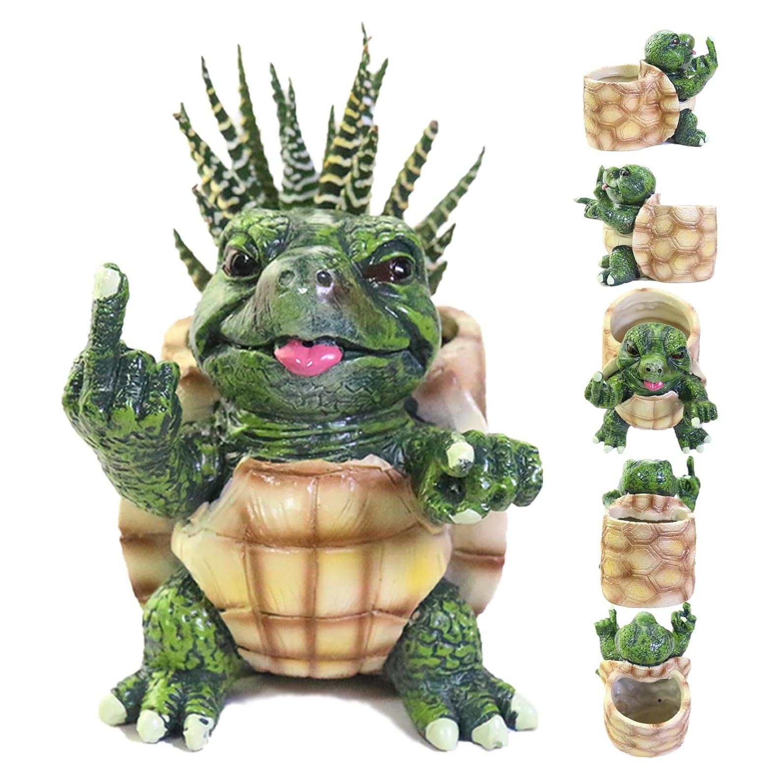 Funny Turtle Succulent Pots with Fingers Up,Unique Middle Finger Turtle Plant Pots,Flower Garden Cute Pots with Drainage Hole,Multi Functional Turtle Figurine for Home Office Desk Garden Decor