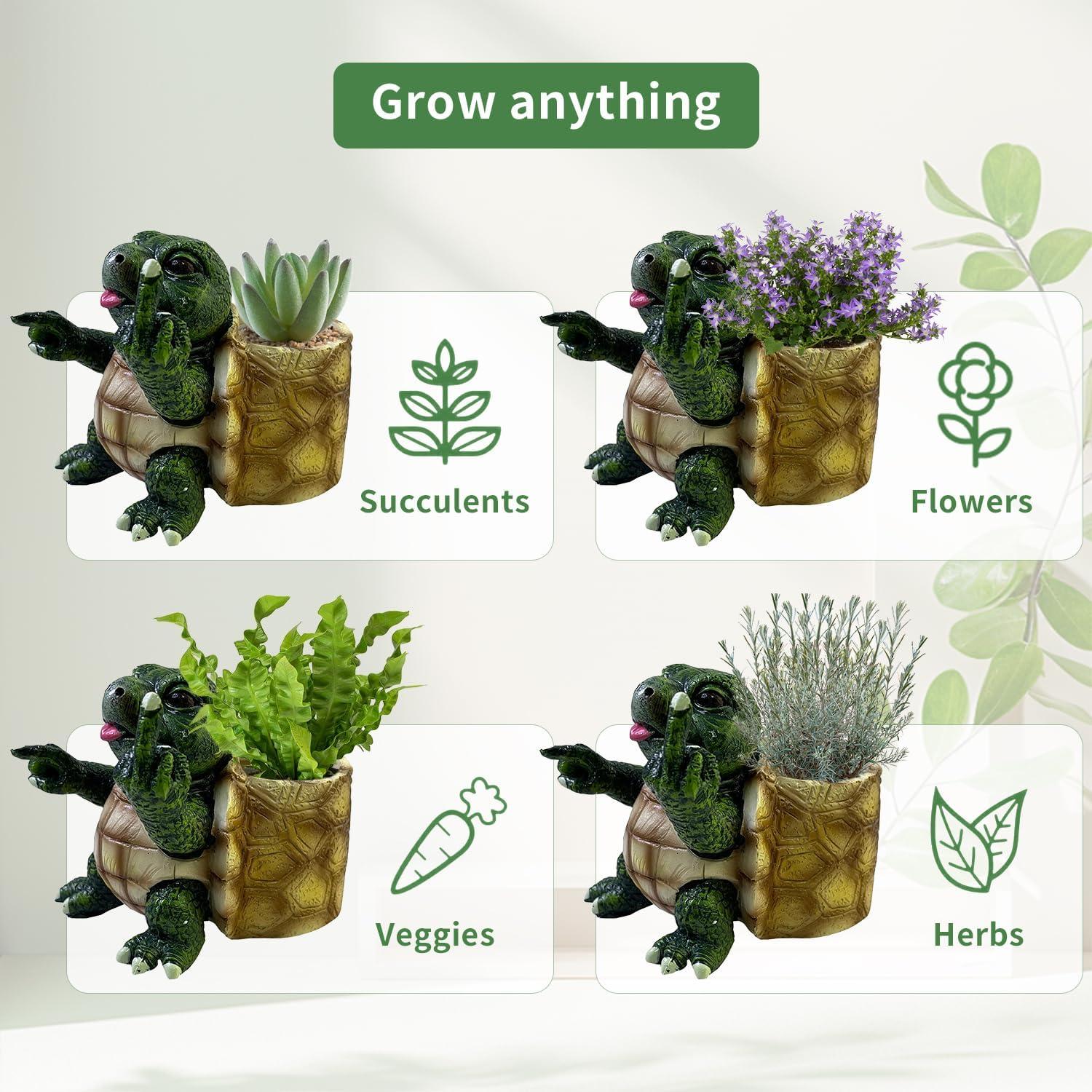 Funny Turtle Succulent Pots with Fingers Up,Unique Middle Finger Turtle Plant Pots,Flower Garden Cute Pots with Drainage Hole,Multi Functional Turtle Figurine for Home Office Desk Garden Decor