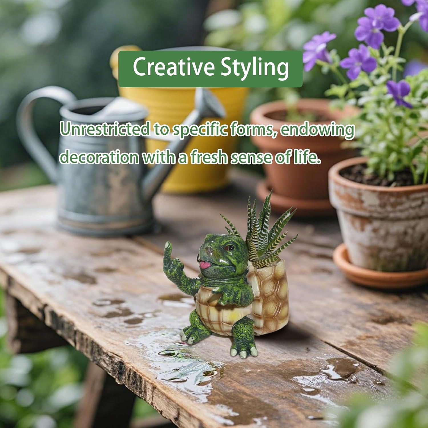 Funny Turtle Succulent Pots with Fingers Up,Unique Middle Finger Turtle Plant Pots,Flower Garden Cute Pots with Drainage Hole,Multi Functional Turtle Figurine for Home Office Desk Garden Decor
