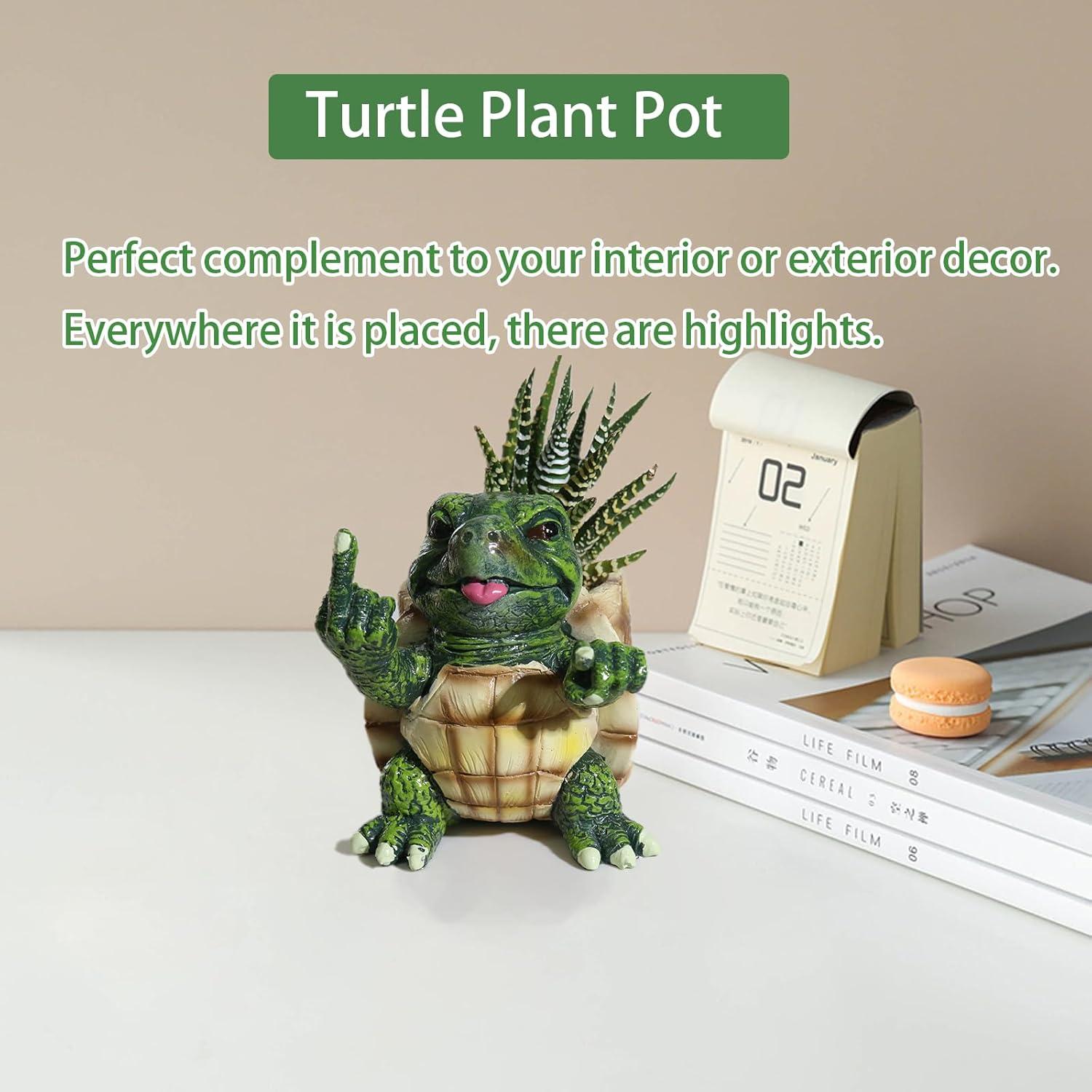 Funny Turtle Succulent Pots with Fingers Up,Unique Middle Finger Turtle Plant Pots,Flower Garden Cute Pots with Drainage Hole,Multi Functional Turtle Figurine for Home Office Desk Garden Decor