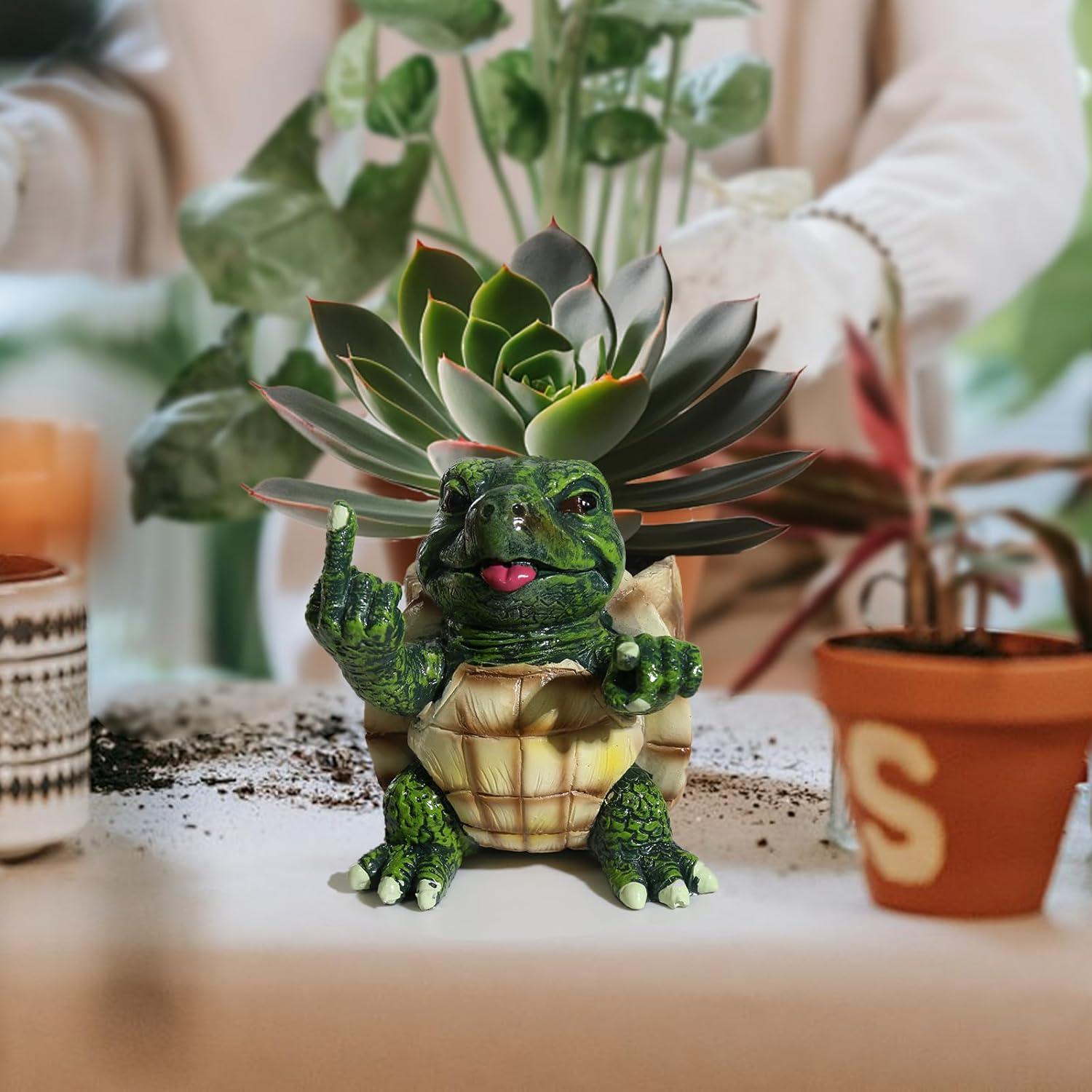 Funny Turtle Succulent Pots with Fingers Up,Unique Middle Finger Turtle Plant Pots,Flower Garden Cute Pots with Drainage Hole,Multi Functional Turtle Figurine for Home Office Desk Garden Decor