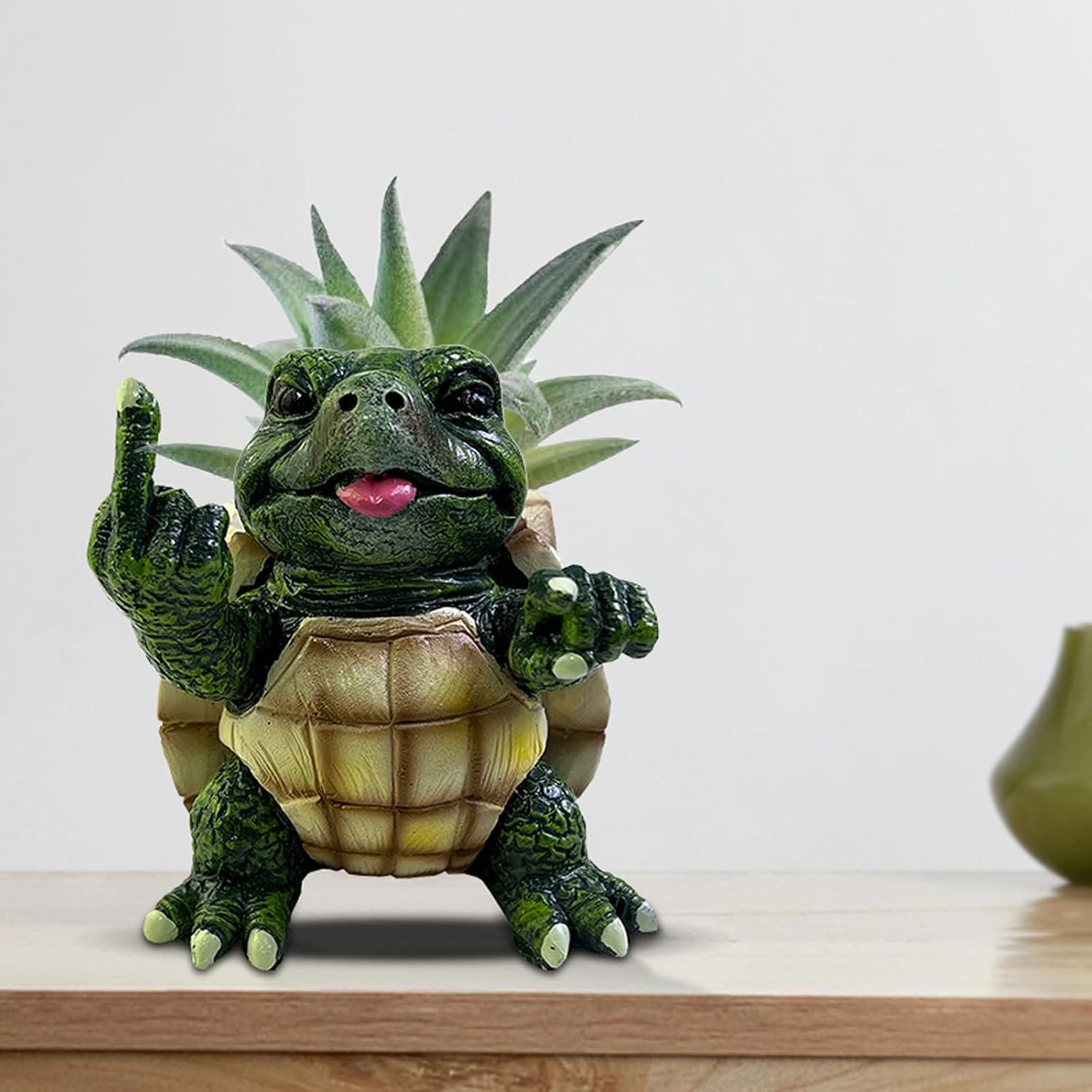 Funny Turtle Succulent Pots with Fingers Up,Unique Middle Finger Turtle Plant Pots,Flower Garden Cute Pots with Drainage Hole,Multi Functional Turtle Figurine for Home Office Desk Garden Decor