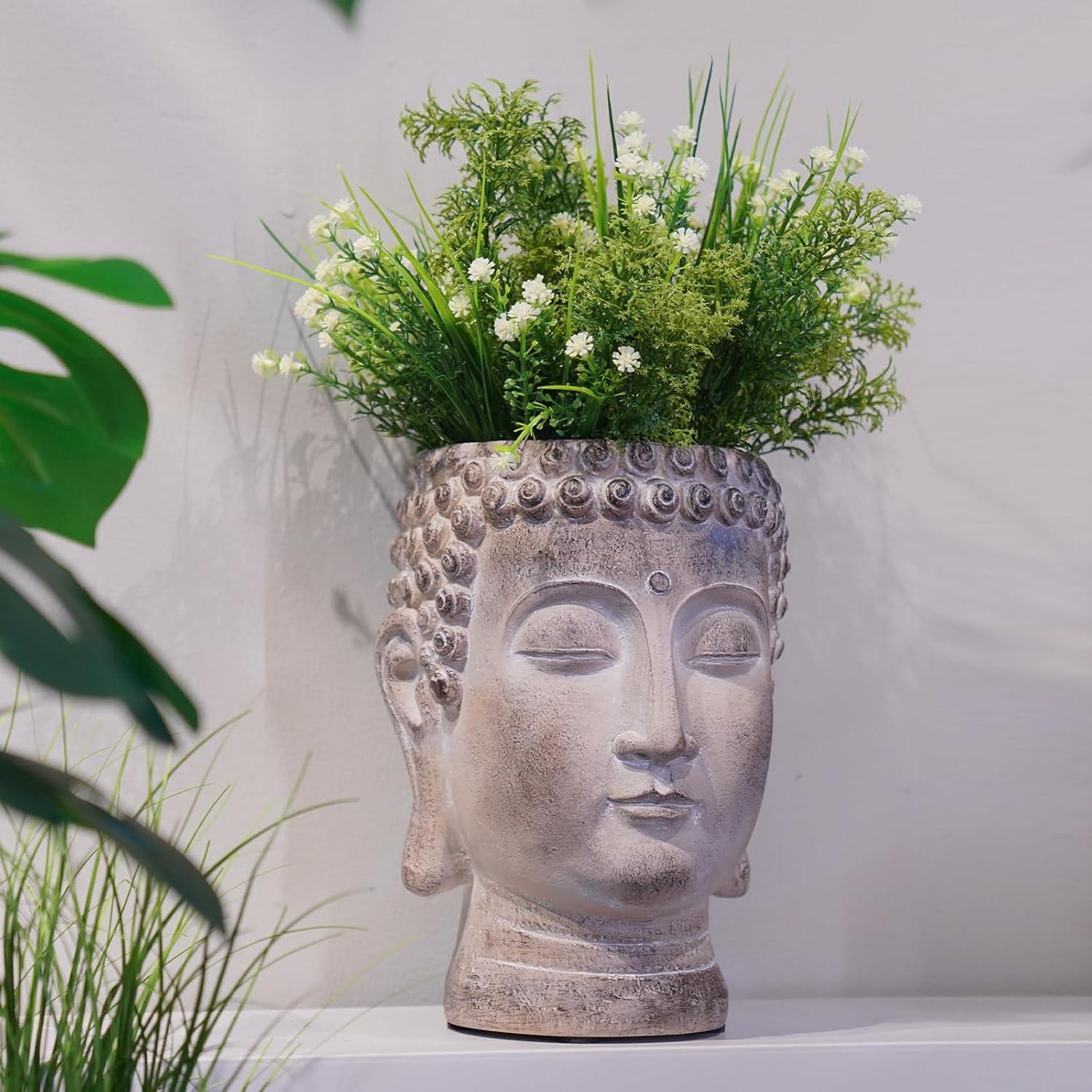 Buddha - Face Flower Pot - Head Planters - Garden Statue - Cactus Succulents Planter Pot Indoor Outdoor Planter with Drainage Hole Unique Garden Farmhouse Decor 6.25*6.5*8.25 Inch Newman House Studio