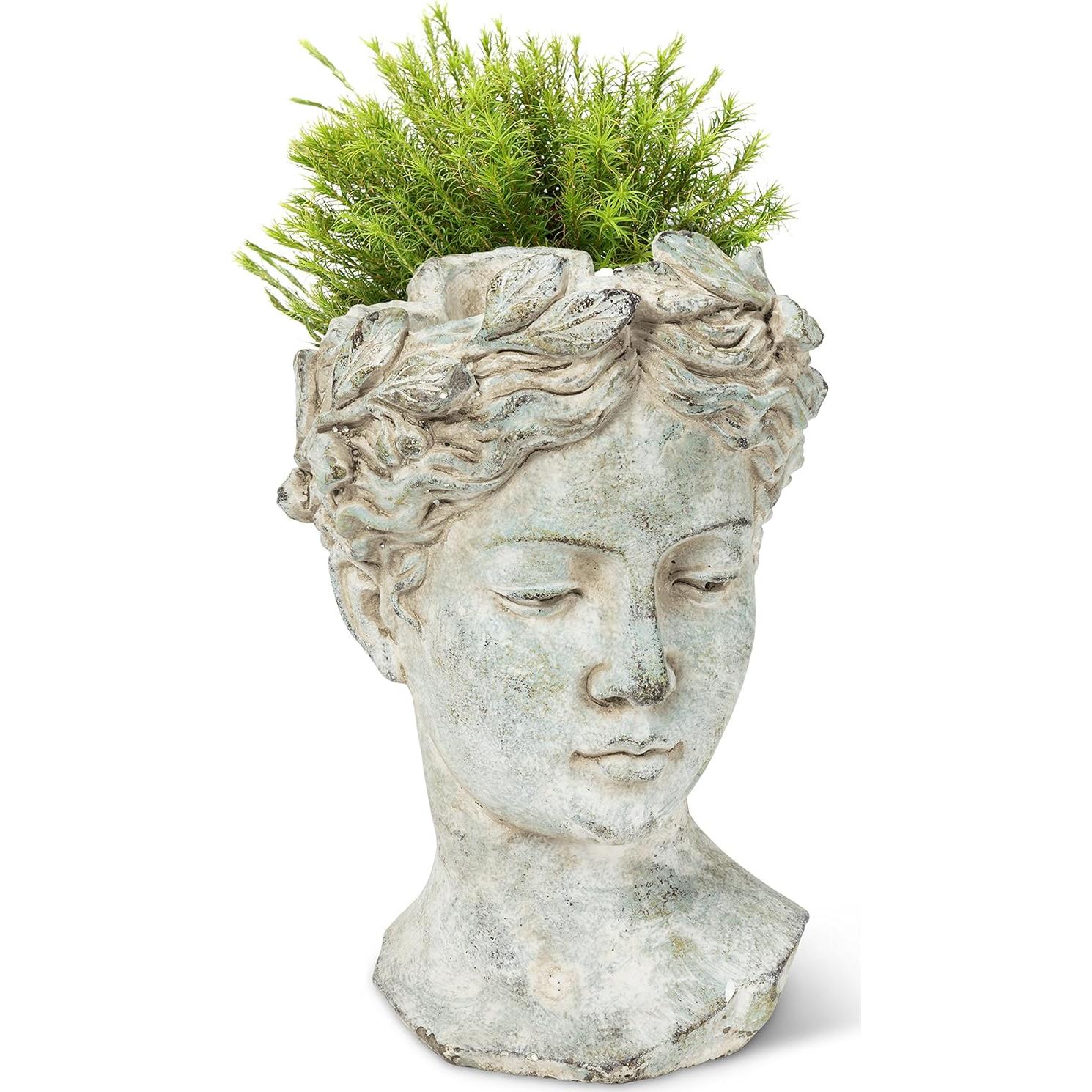 Abbott Collection Goddess Head Planter - Large Cement Indoor and Outdoor Planter Pot - Grecian Woman Statue Head Planter for Flowers and Succulents - Grey (10" H, 4.5" Opening)
