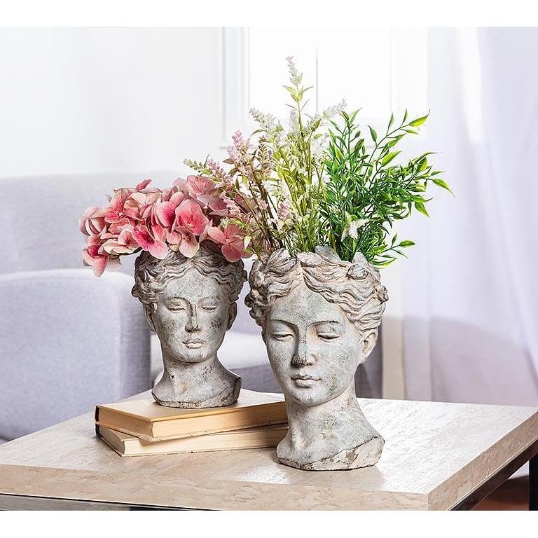 Abbott Collection Goddess Head Planter - Large Cement Indoor and Outdoor Planter Pot - Grecian Woman Statue Head Planter for Flowers and Succulents - Grey (10" H, 4.5" Opening)