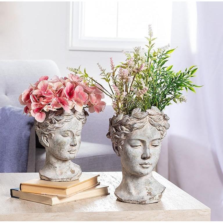 Abbott Collection Goddess Head Planter - Large Cement Indoor and Outdoor Planter Pot - Grecian Woman Statue Head Planter for Flowers and Succulents - Grey (10" H, 4.5" Opening)