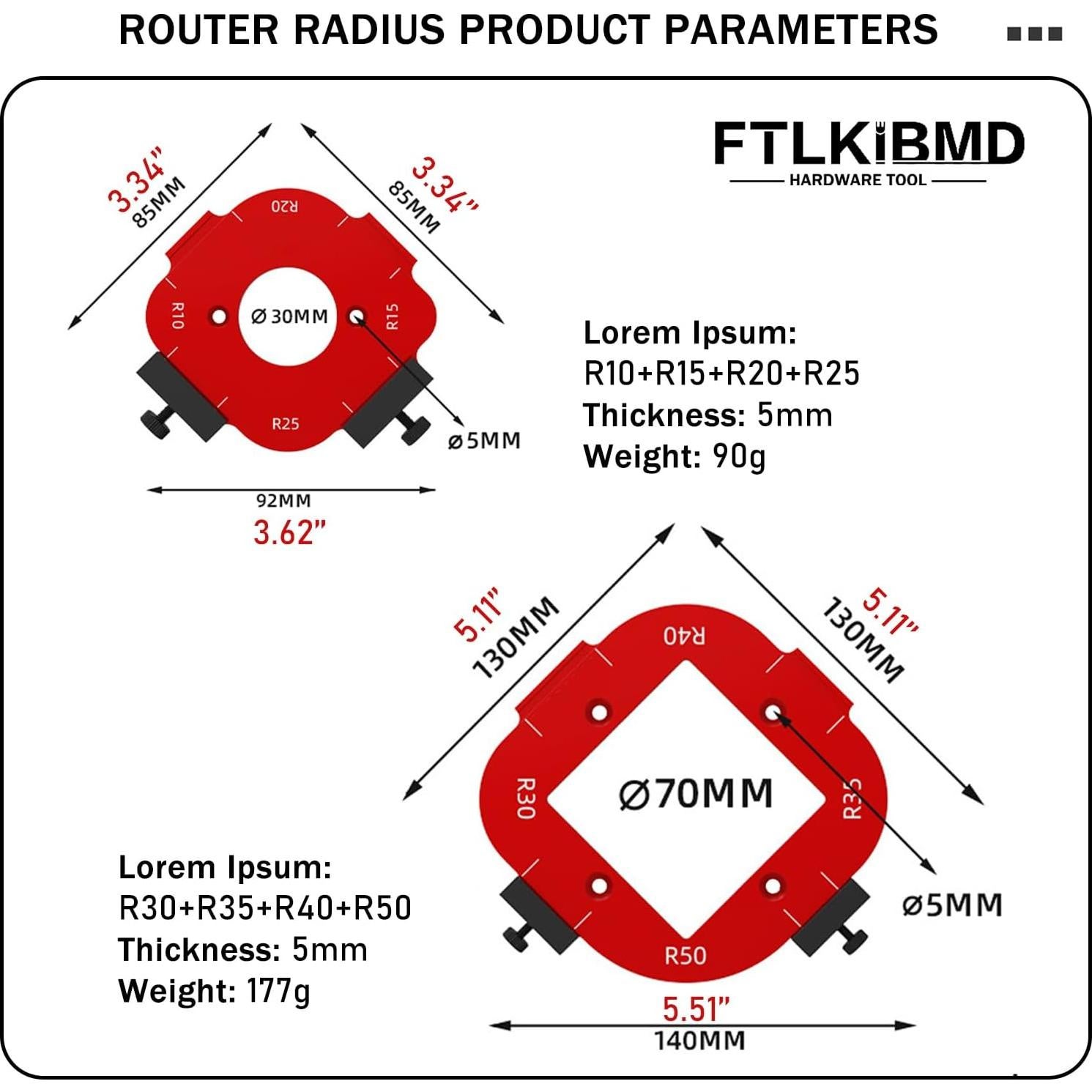 Plantilla de radio de esquina FTLKIBMD para enrutador 13x13cm