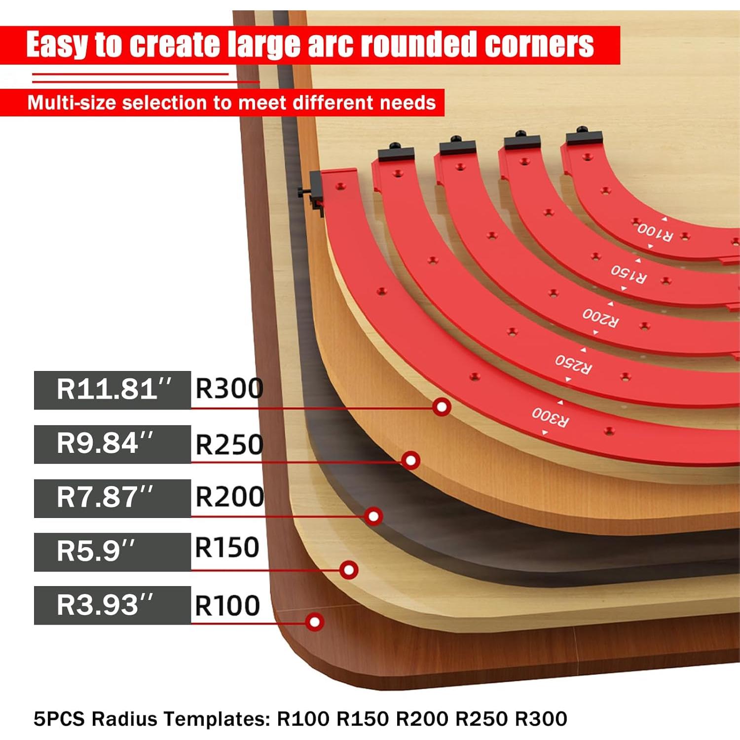 5PCS Router Corner Radius Template for Woodworking (R100 R150 R200 R250 R300) Aluminum Router Radius Jig & Corner Routing Guide Set, Durable Router Templates