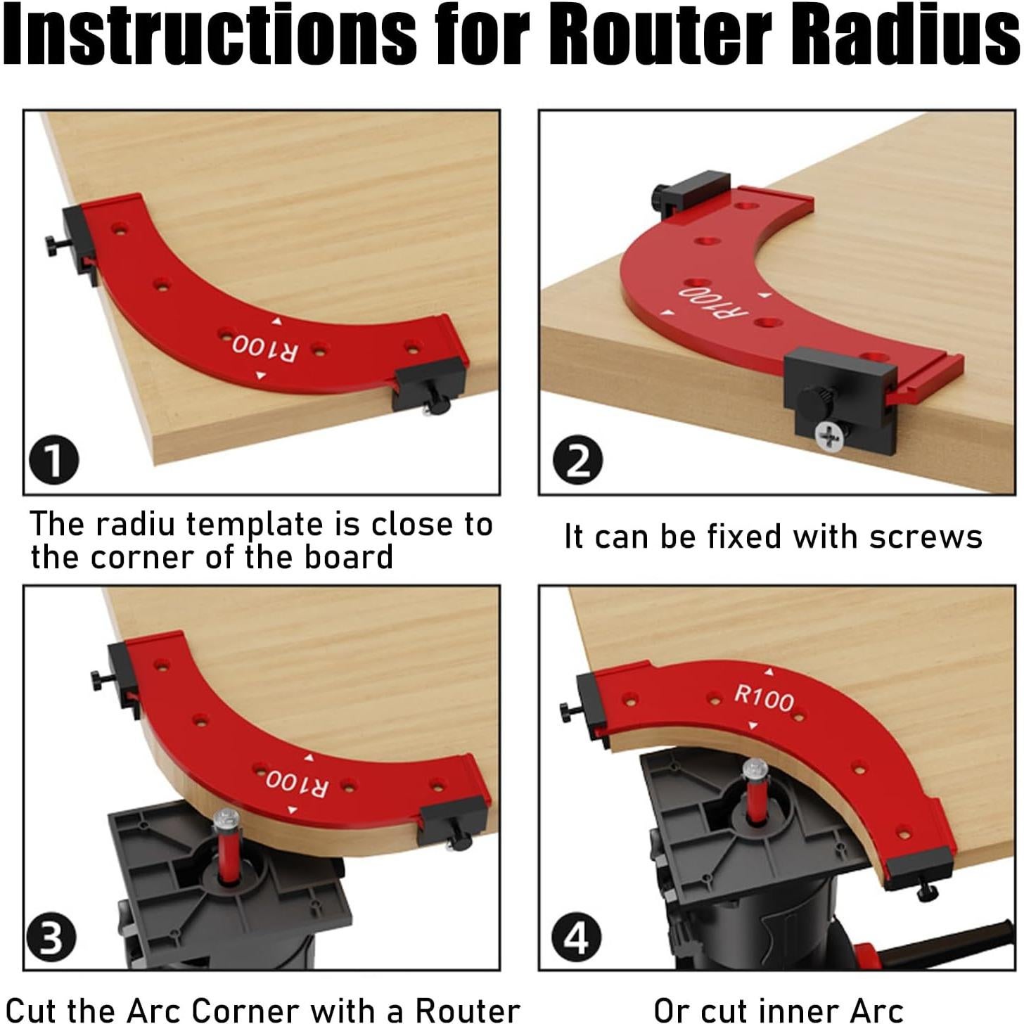5PCS Router Corner Radius Template for Woodworking (R100 R150 R200 R250 R300) Aluminum Router Radius Jig & Corner Routing Guide Set, Durable Router Templates