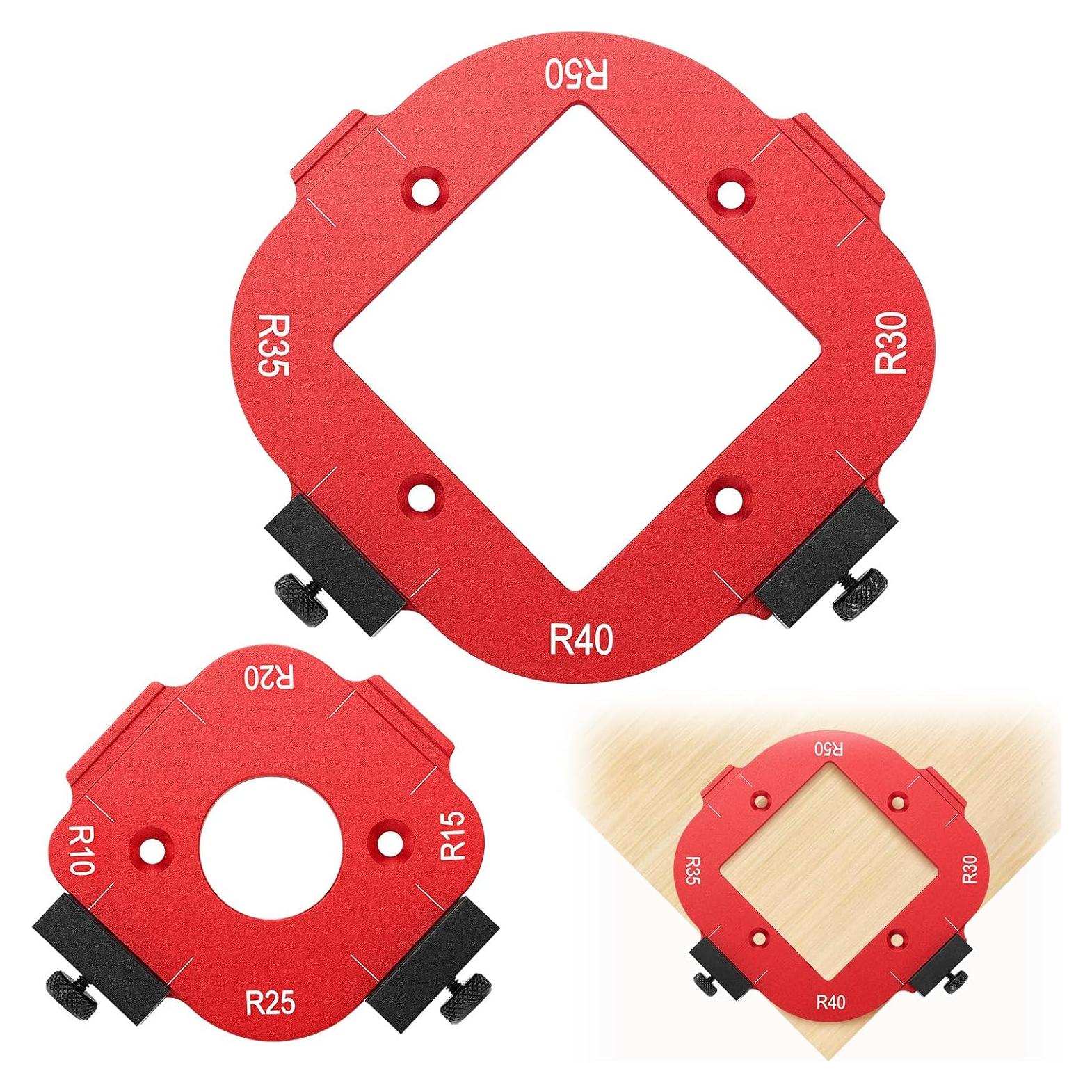 Xuhal 2 Set Alloy Router Templates for Woodworking Router Corner Radius Template Quick Rounded Corner Jigs R10/R15/R20/R25/ R30/R35/R40/R50 with Table Removable Clip Arc Cutting Auxiliary Tool DIY