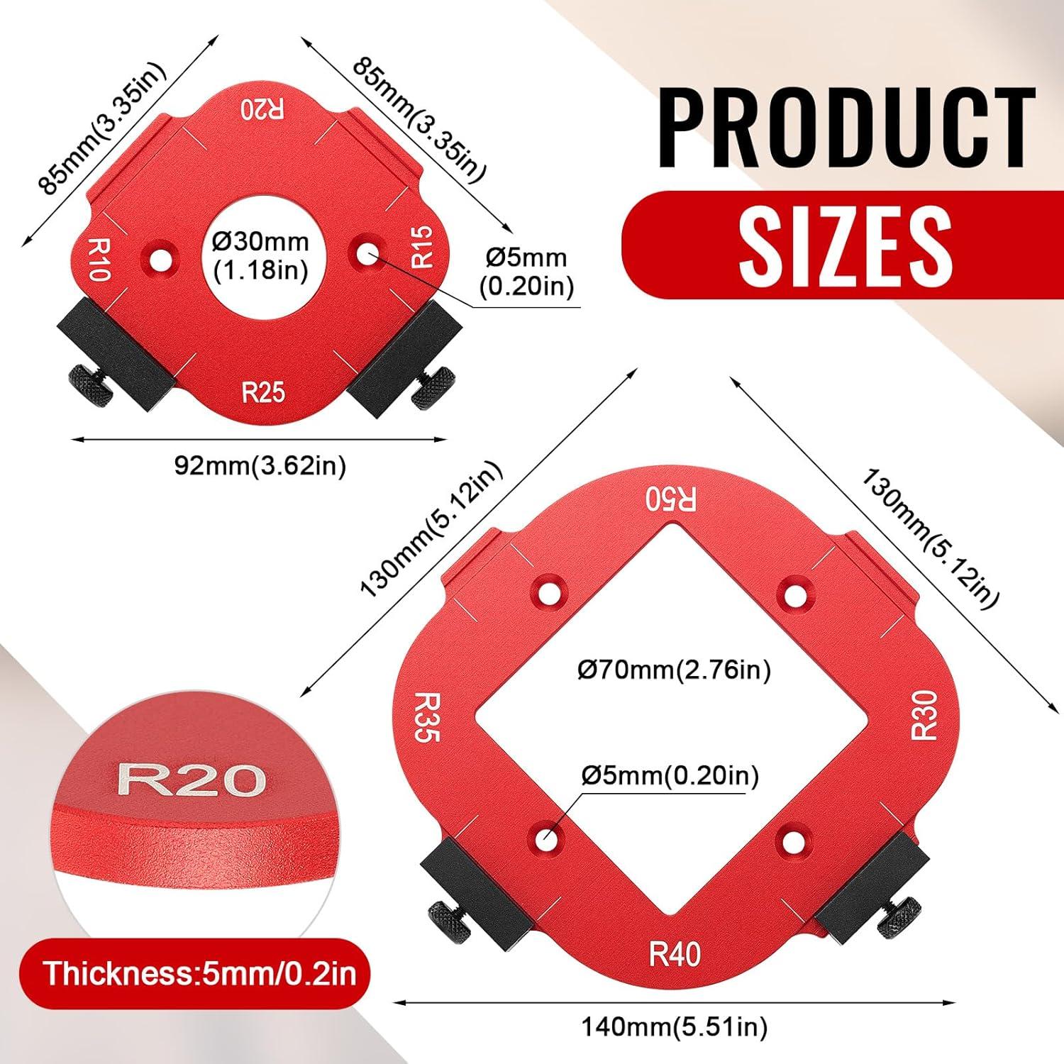 Xuhal 2 Set Alloy Router Templates for Woodworking Router Corner Radius Template Quick Rounded Corner Jigs R10/R15/R20/R25/ R30/R35/R40/R50 with Table Removable Clip Arc Cutting Auxiliary Tool DIY