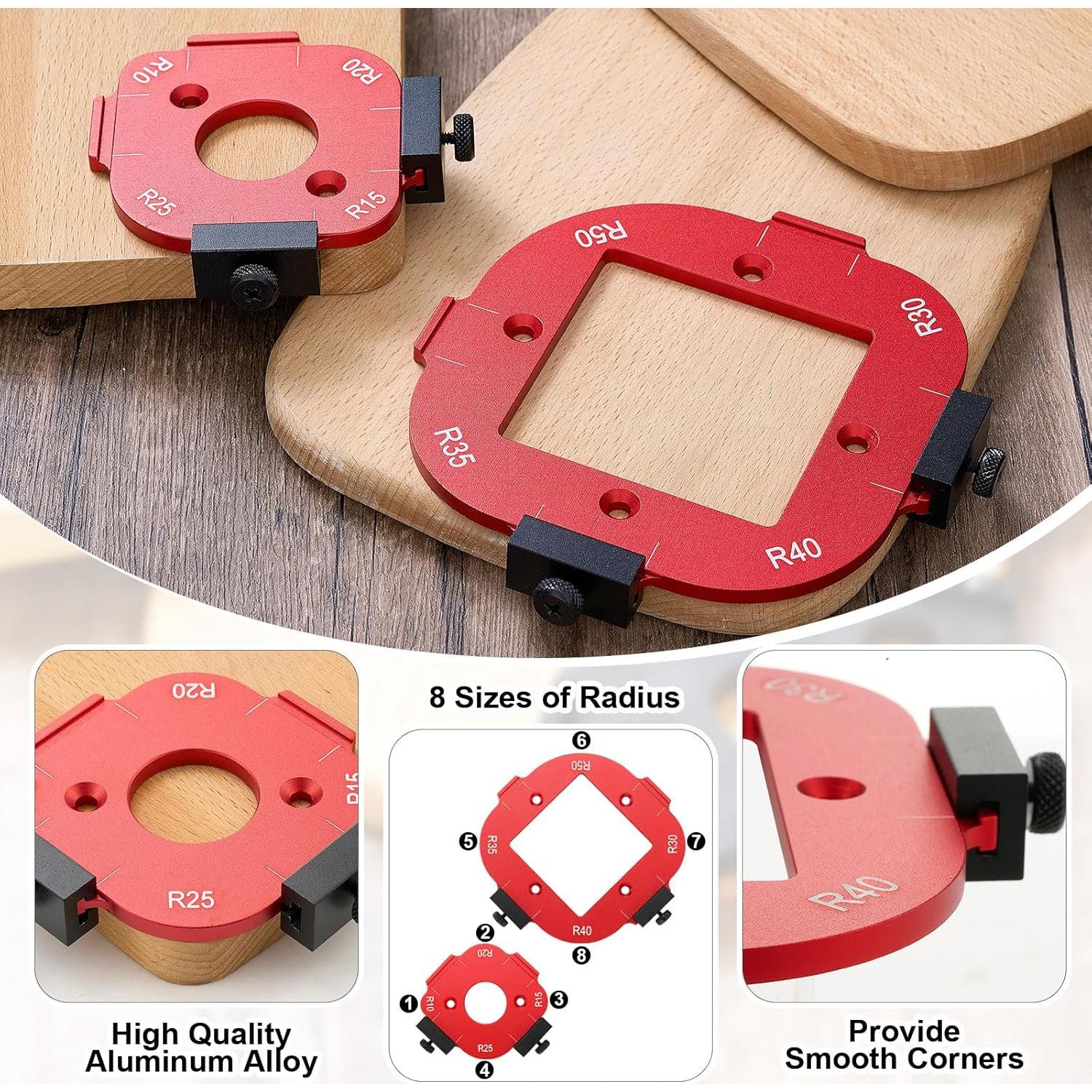 Xuhal 2 Set Alloy Router Templates for Woodworking Router Corner Radius Template Quick Rounded Corner Jigs R10/R15/R20/R25/ R30/R35/R40/R50 with Table Removable Clip Arc Cutting Auxiliary Tool DIY