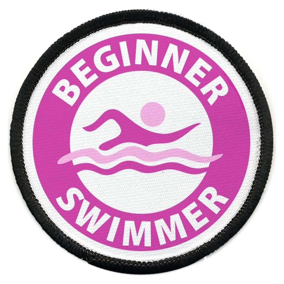 Pink Beginner Swimmer Pool Safety Alert 2.5 Inch Sew-on Black Rim Patch