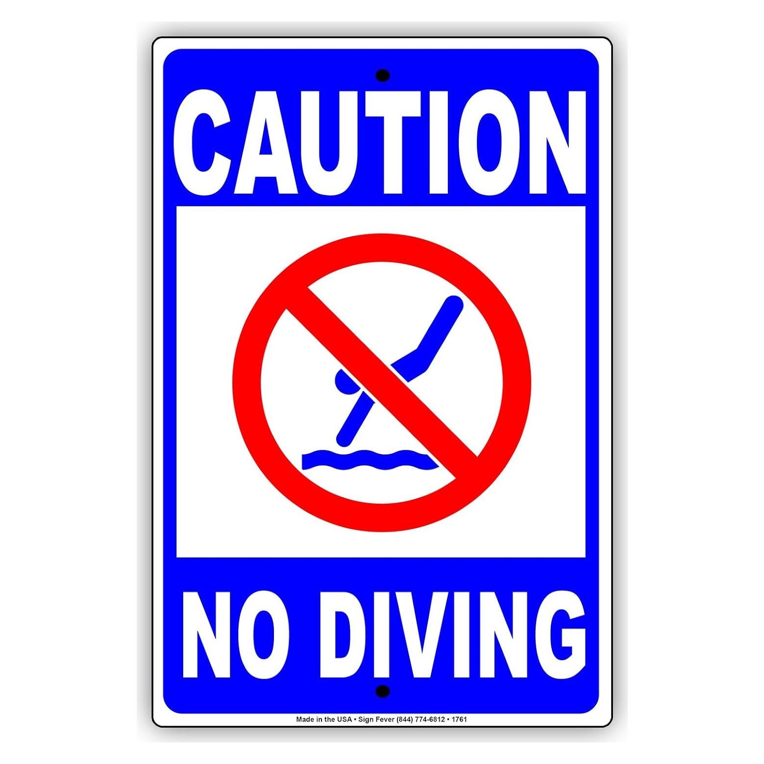 Caution No Diving With Graphic Shallow Water Pool Safety Protection Alert Attention Warning Notice Aluminum Metal Tin 8"x12" Sign Plate