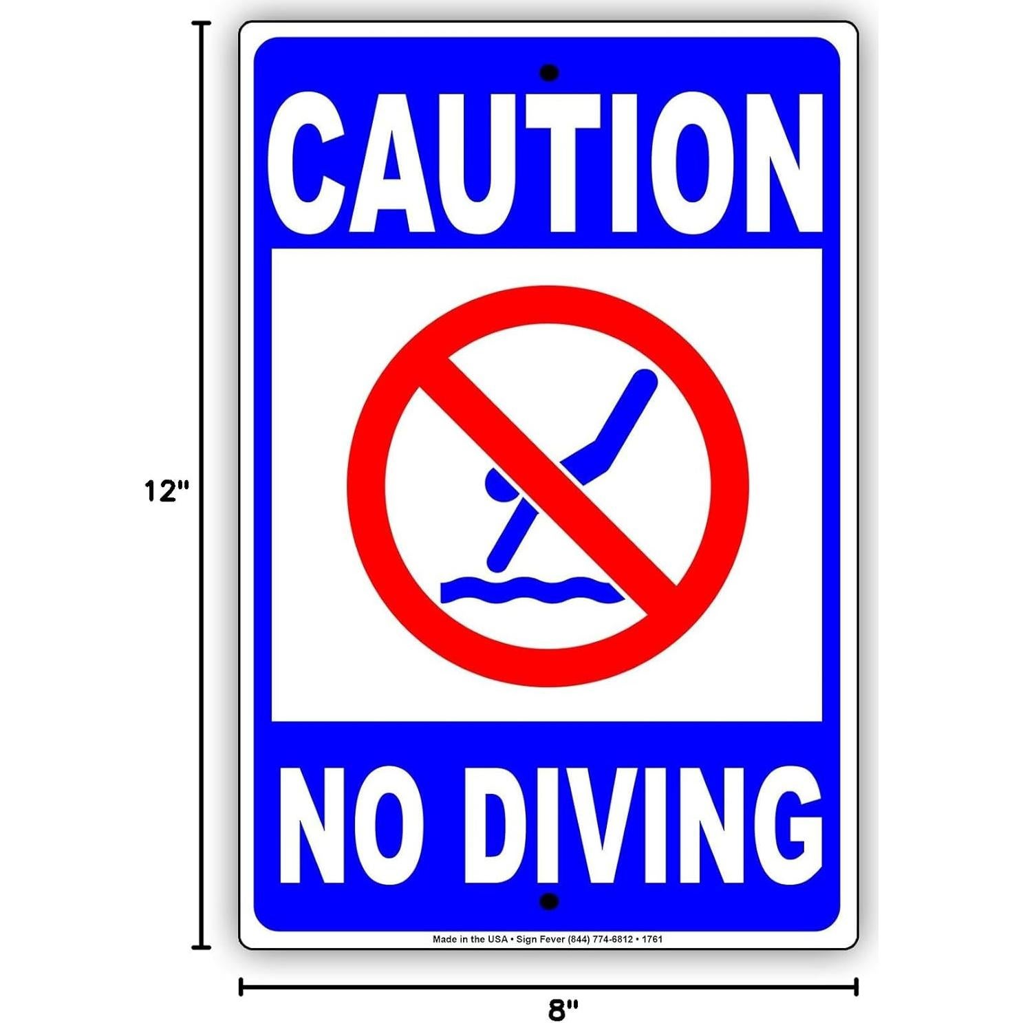 Caution No Diving With Graphic Shallow Water Pool Safety Protection Alert Attention Warning Notice Aluminum Metal Tin 8"x12" Sign Plate