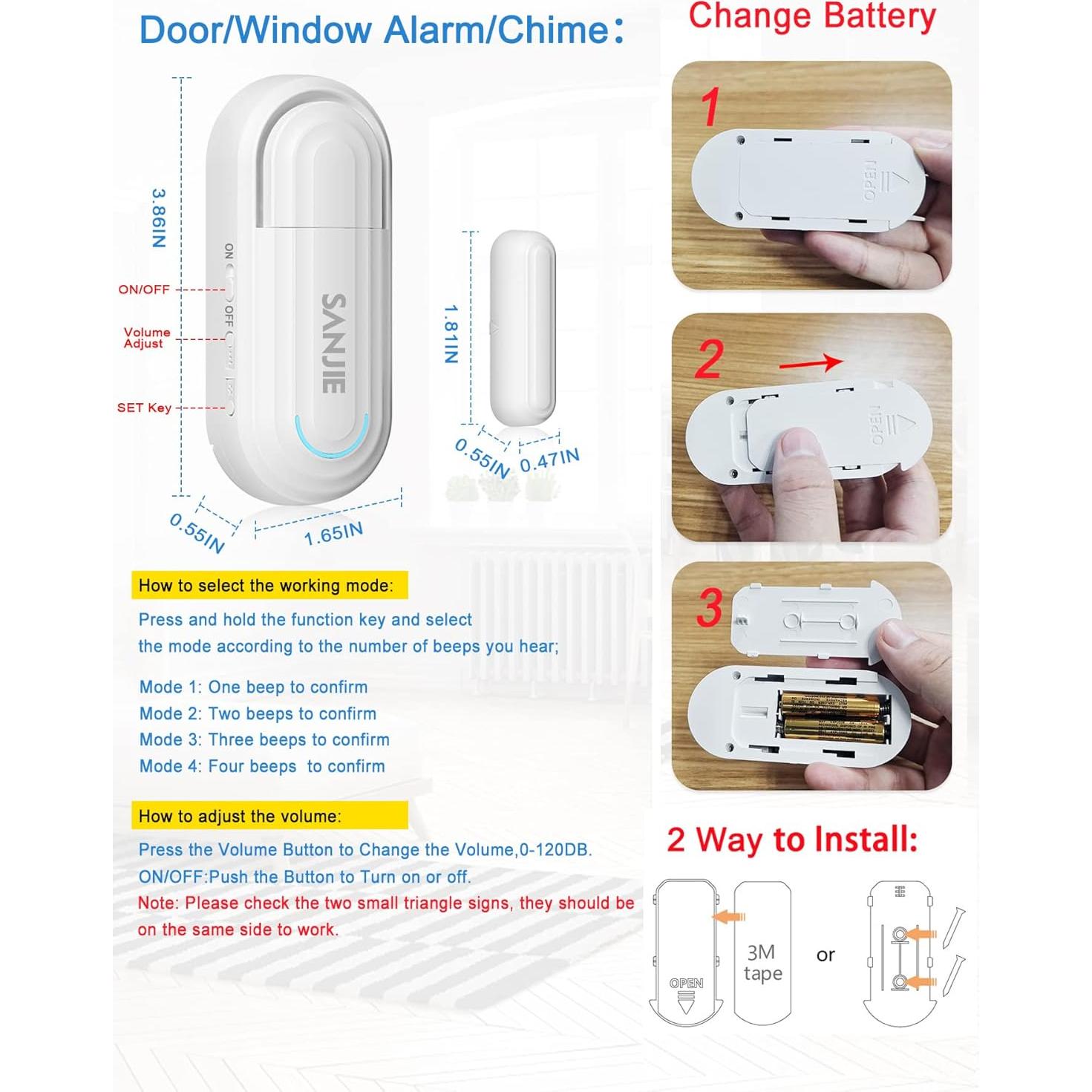 Sensores de Alarma de Puerta SanJie 5 Unidades 120 dB Ajustable