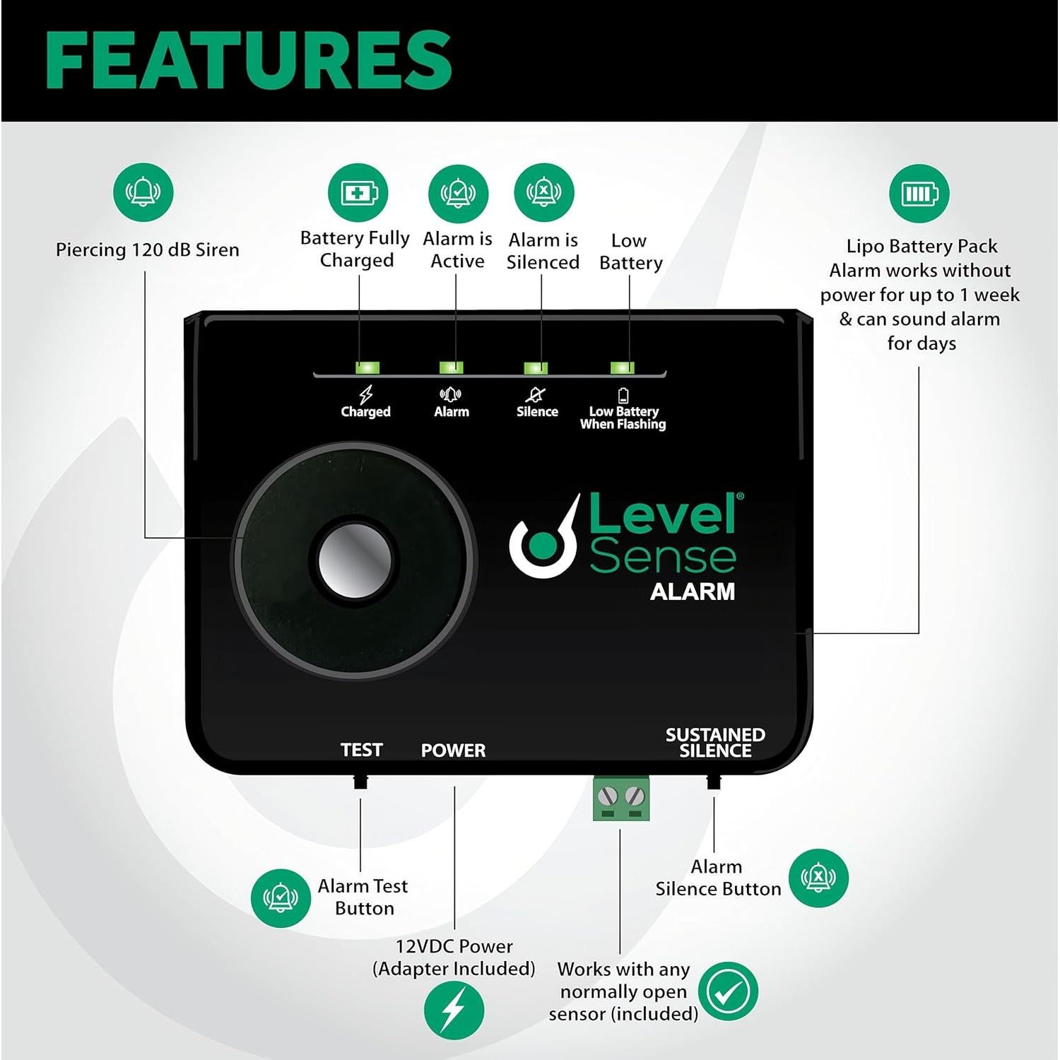 Alarma de Sump Sump Alarm LS-ALM-120V-RAW 120 dB Batería LiPo