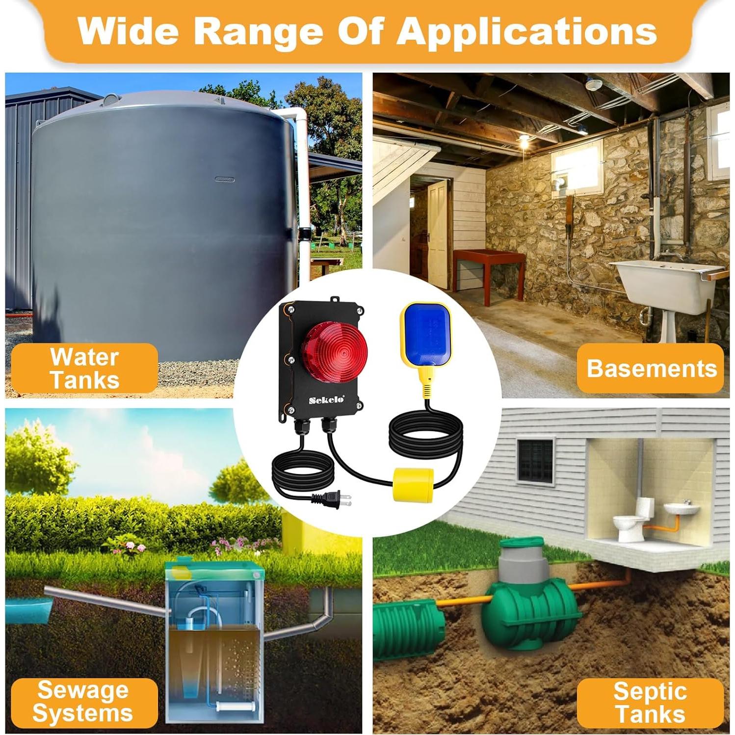 Alarma de Agua Alta Sekelo con Flotador 10 pies IP67 110dB