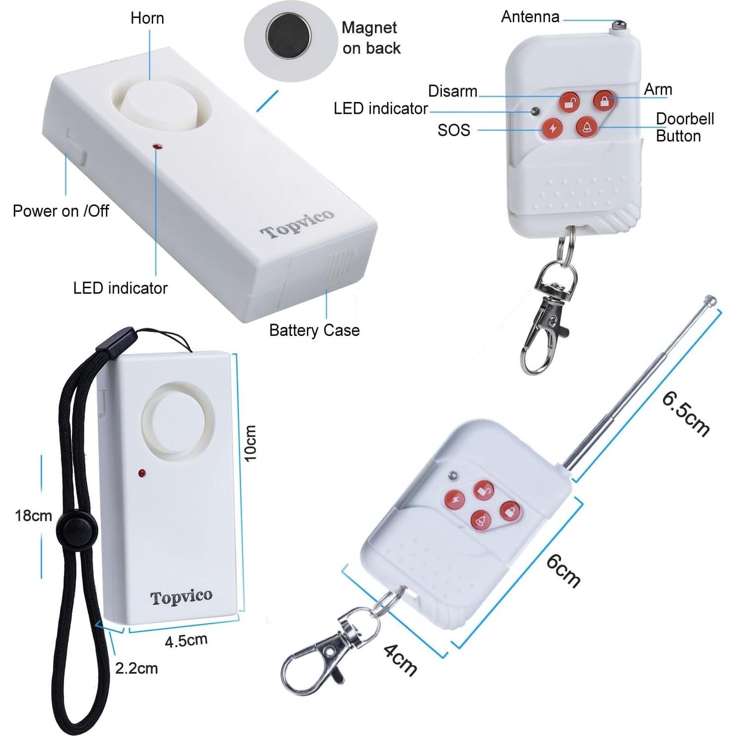 Alarma de Puerta Portátil Topvico 130dB con Control Remoto