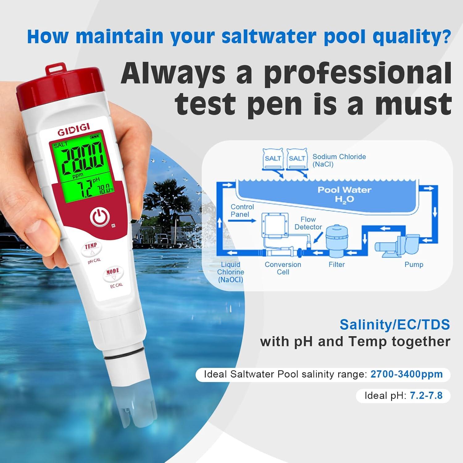 Medidor de pH y Salinidad GIDIGI 5 en 1 para Piscinas