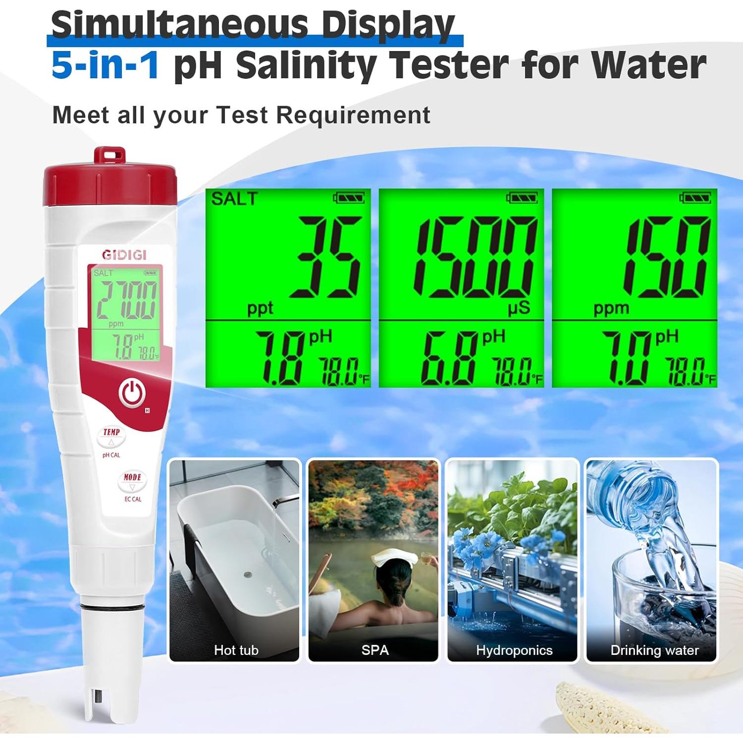 Medidor de pH y Salinidad GIDIGI 5 en 1 para Piscinas