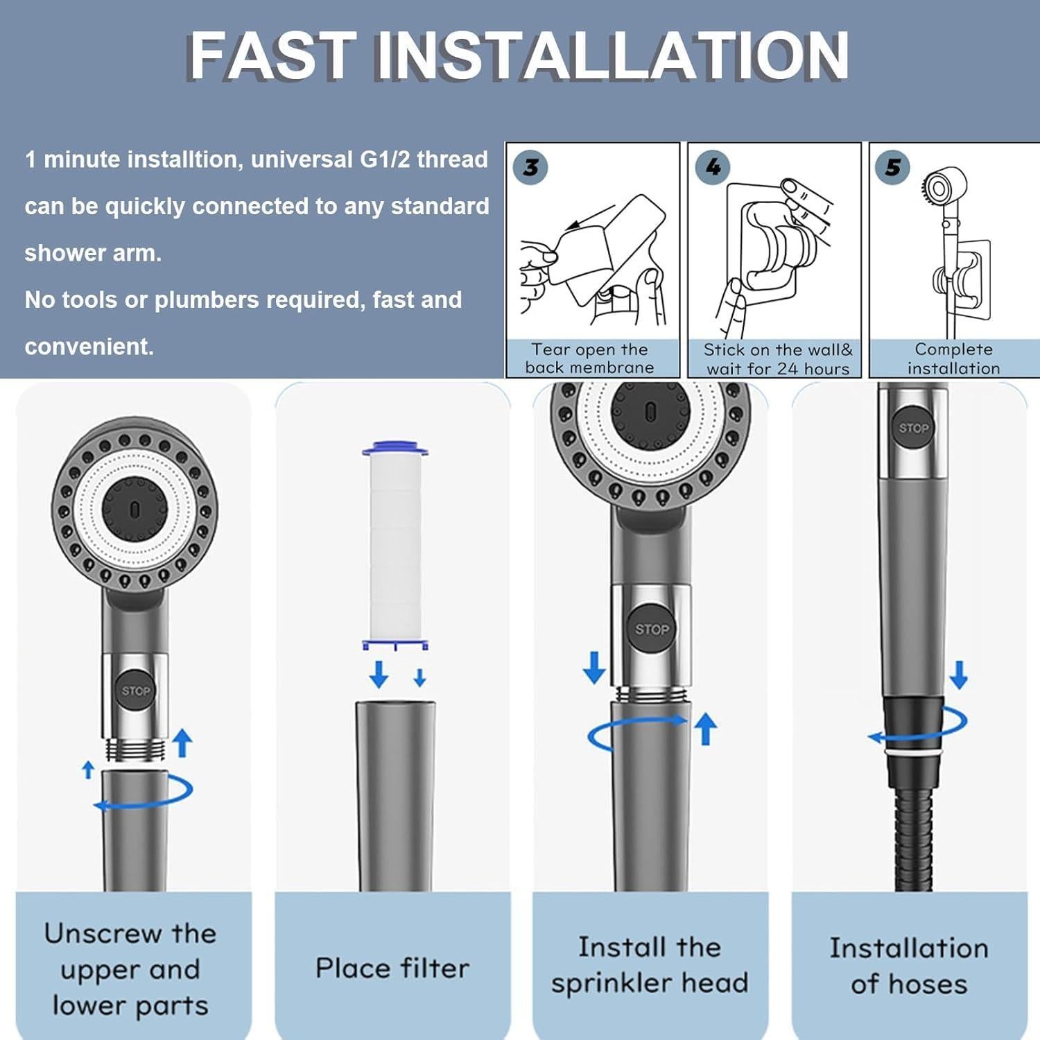 Cabezal de Ducha Filtrado SORIUOOU con 4 Modos y Manguera 152 cm