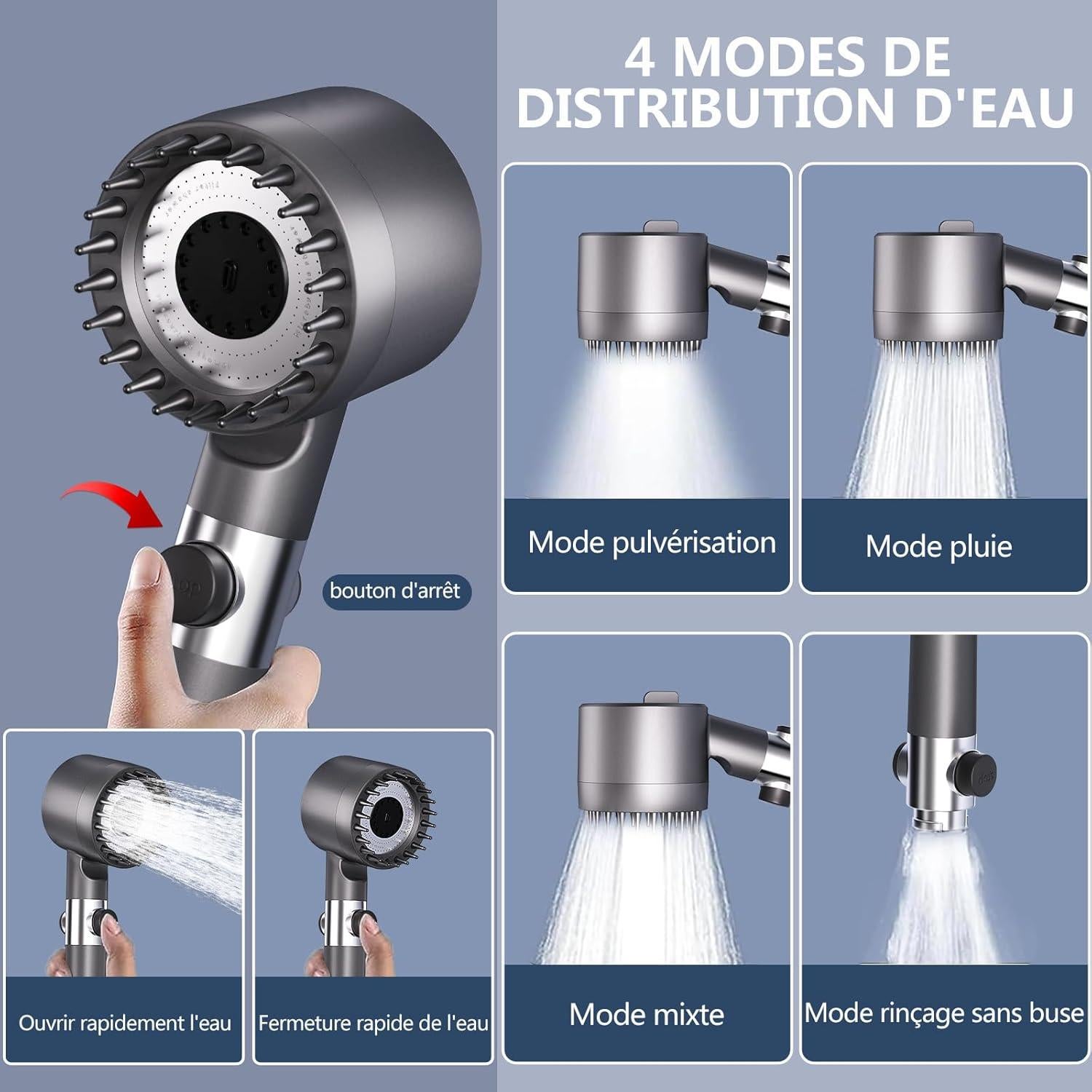 Cabezal de Ducha Filtrado WPARHUS con Manguera 1.5m y 4 Modos