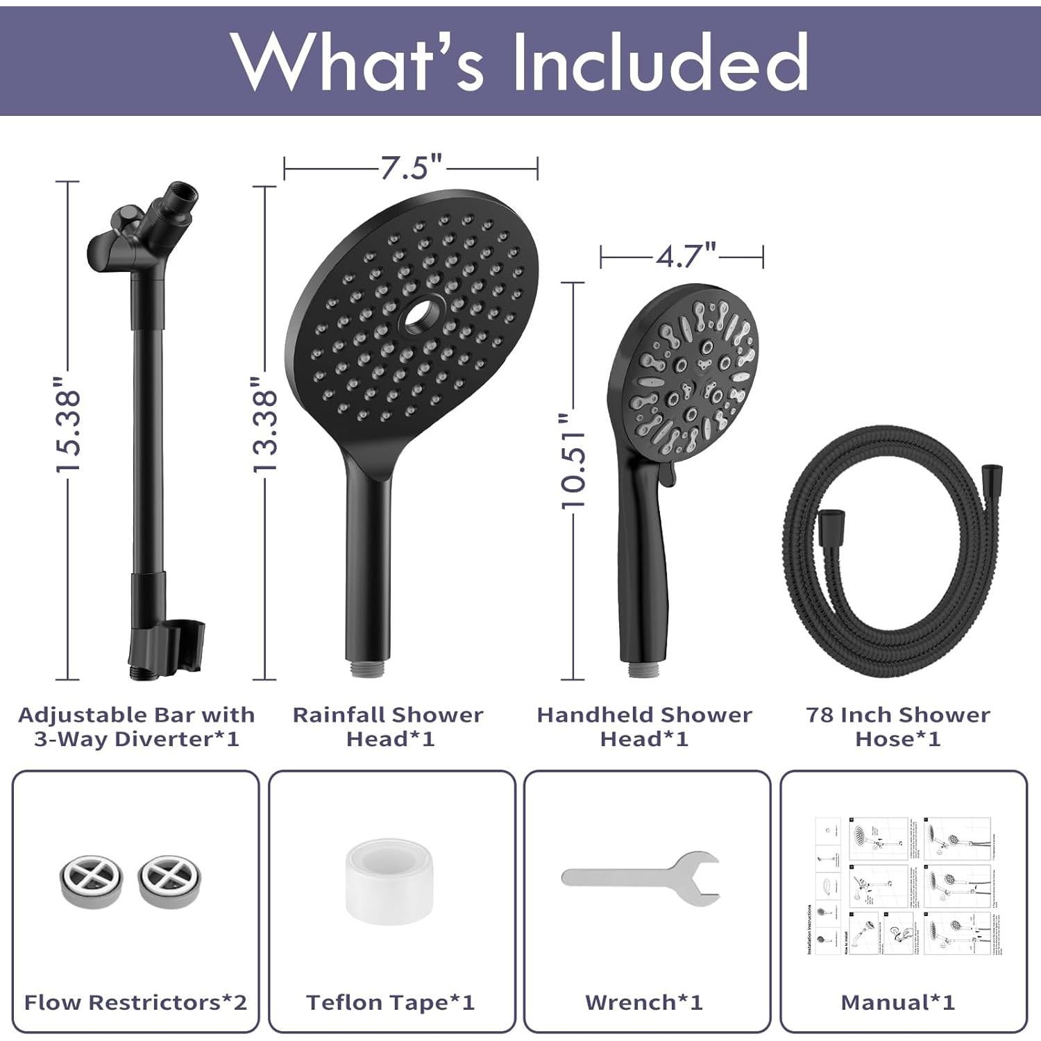 Cabezal de Ducha Doble HOWUWEY 7.5" Alta Presión 9 Modos