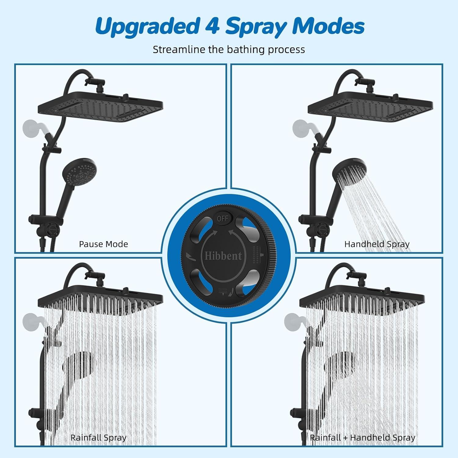 Cabezal de Ducha Hibbent 33 cm Alta Presión 5 Modos Metal Negro