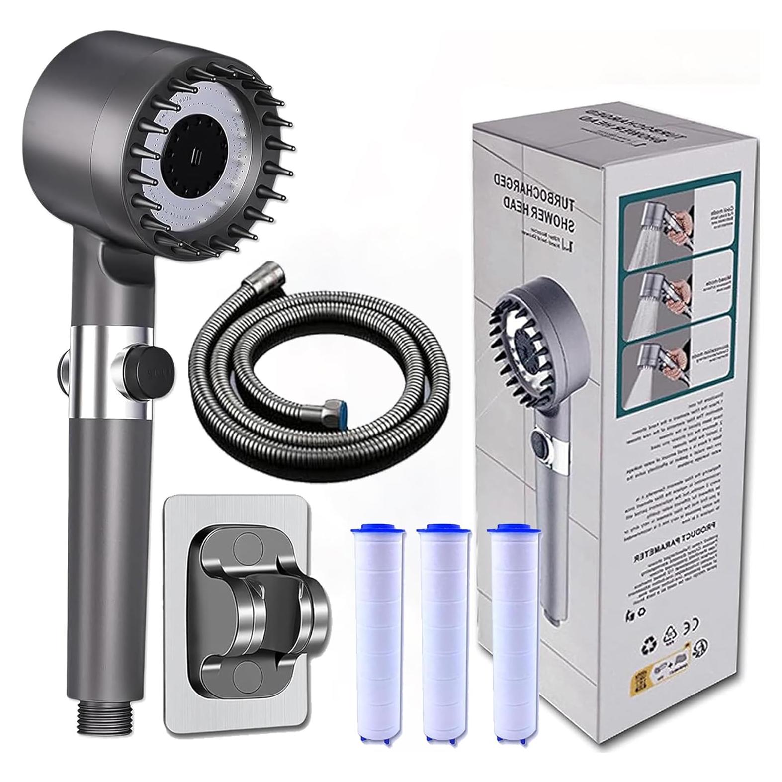 High pressure shower heads with handheld,filtered shower head,High Flow Even with Low Water,4Modes Filtered Showerhead Power Wash for Hard Water,with 59″Replacement Hose (gray1)