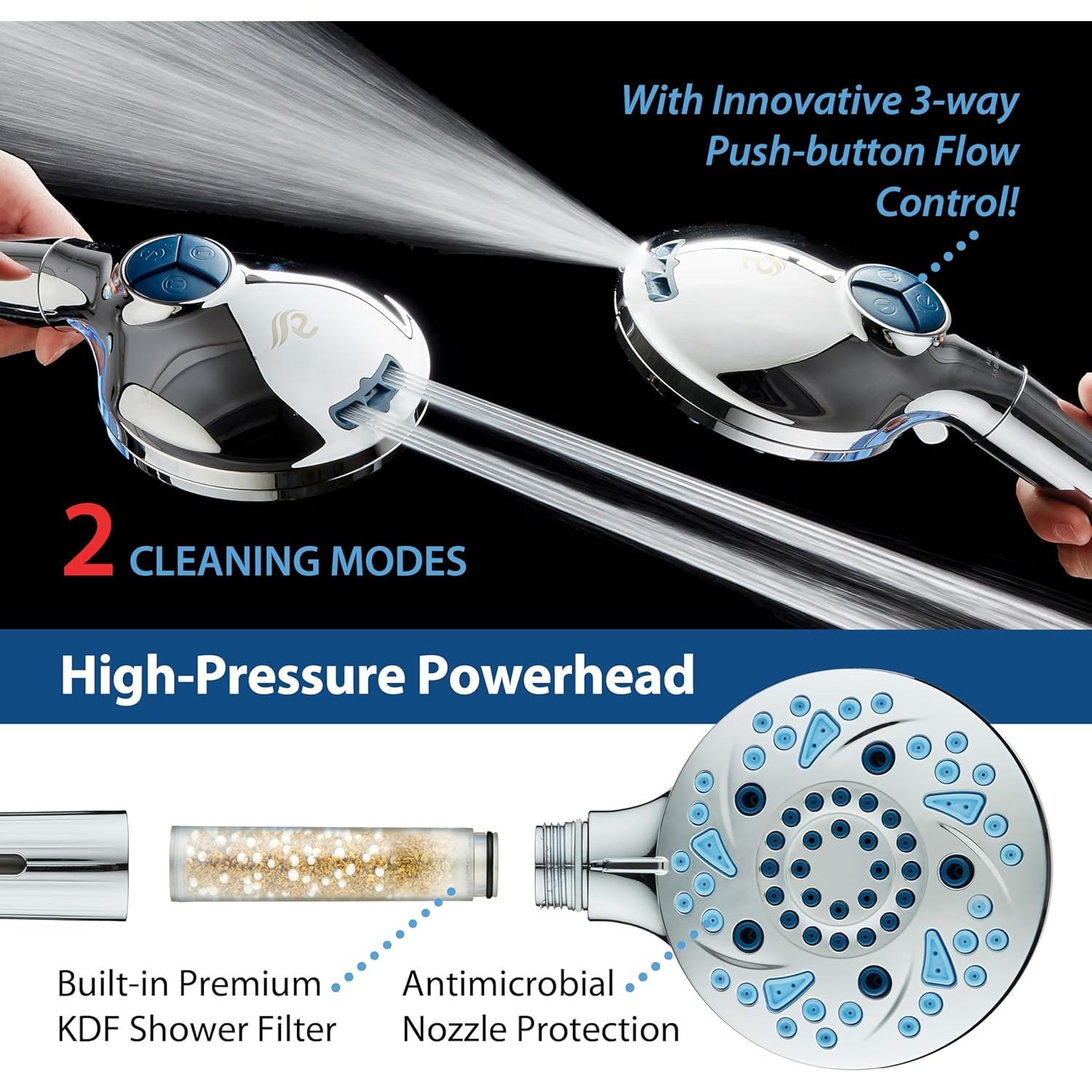 Cabezal de Ducha de Mano AquaCare 10 Modos Cromado 1.83m