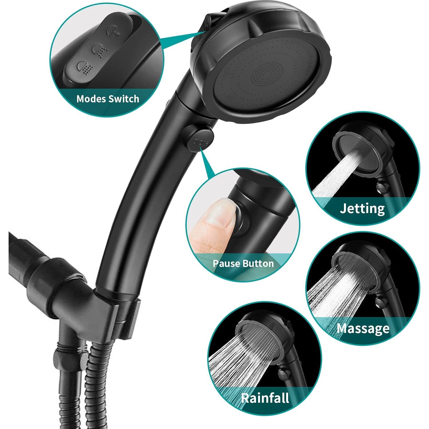 Cabezal de Ducha de Mano MIAOHUI Negro 3 Modos 1.5m