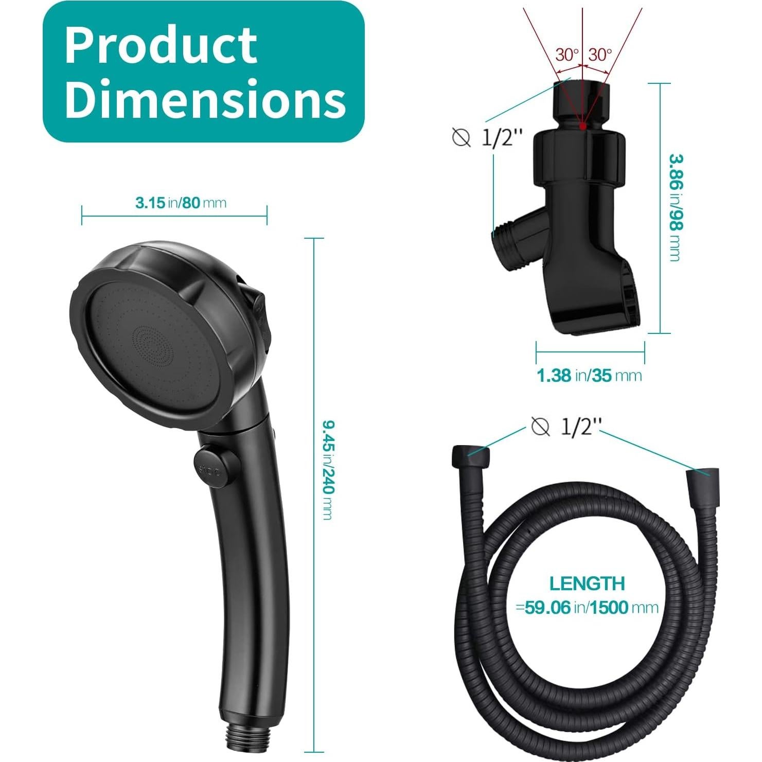 Cabezal de Ducha de Mano MIAOHUI Negro 3 Modos 1.5m